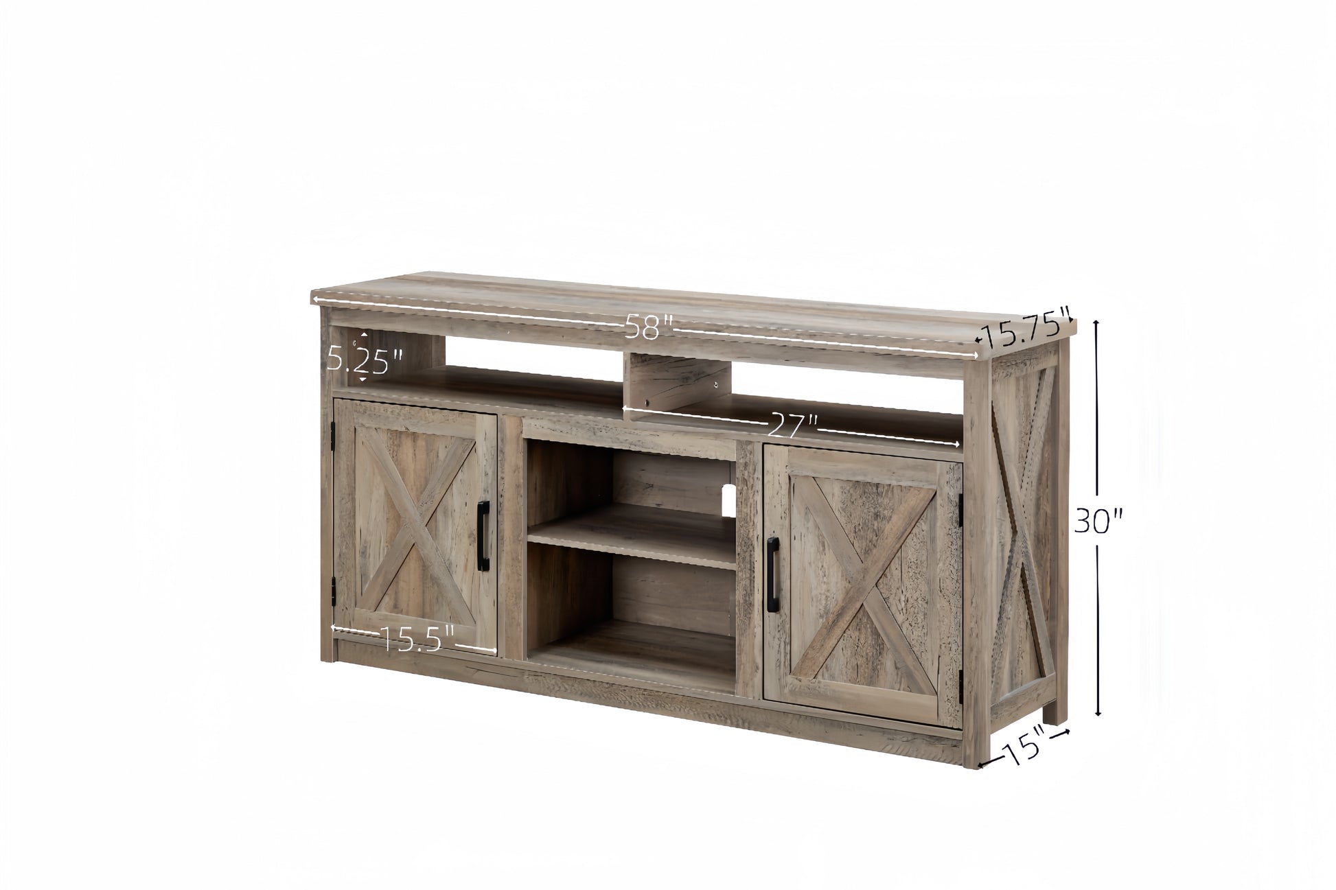 Rustic wood TV stand with barn doors and open shelving ideal for living rooms