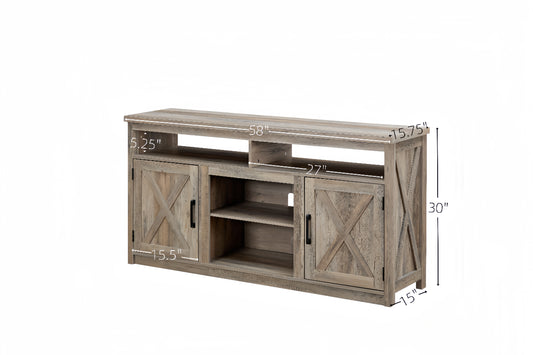 Rustic wood TV stand with barn doors and open shelving ideal for living rooms
