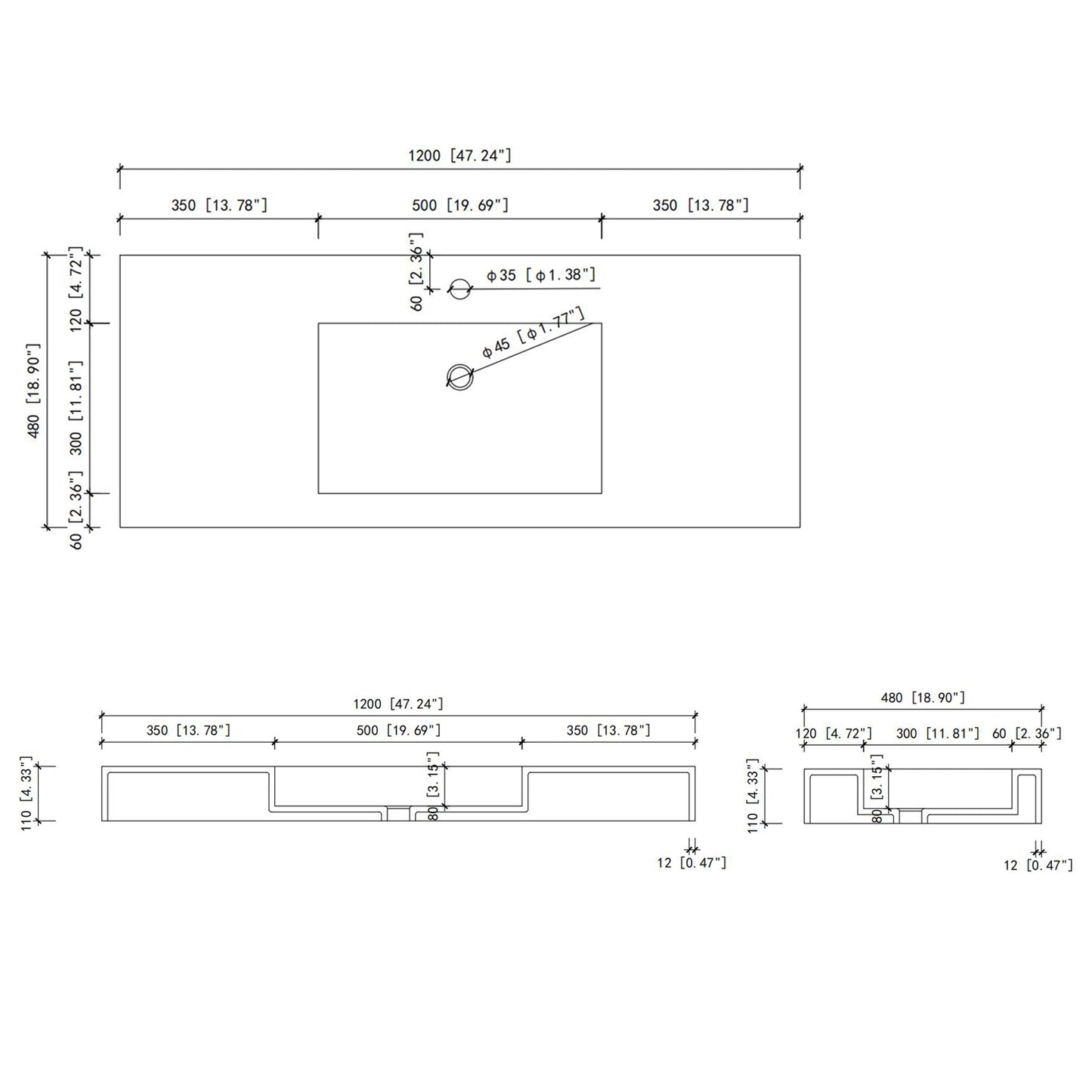 Blueprint for a mm rectangular washbasin with mm and mm faucet hole dimensions