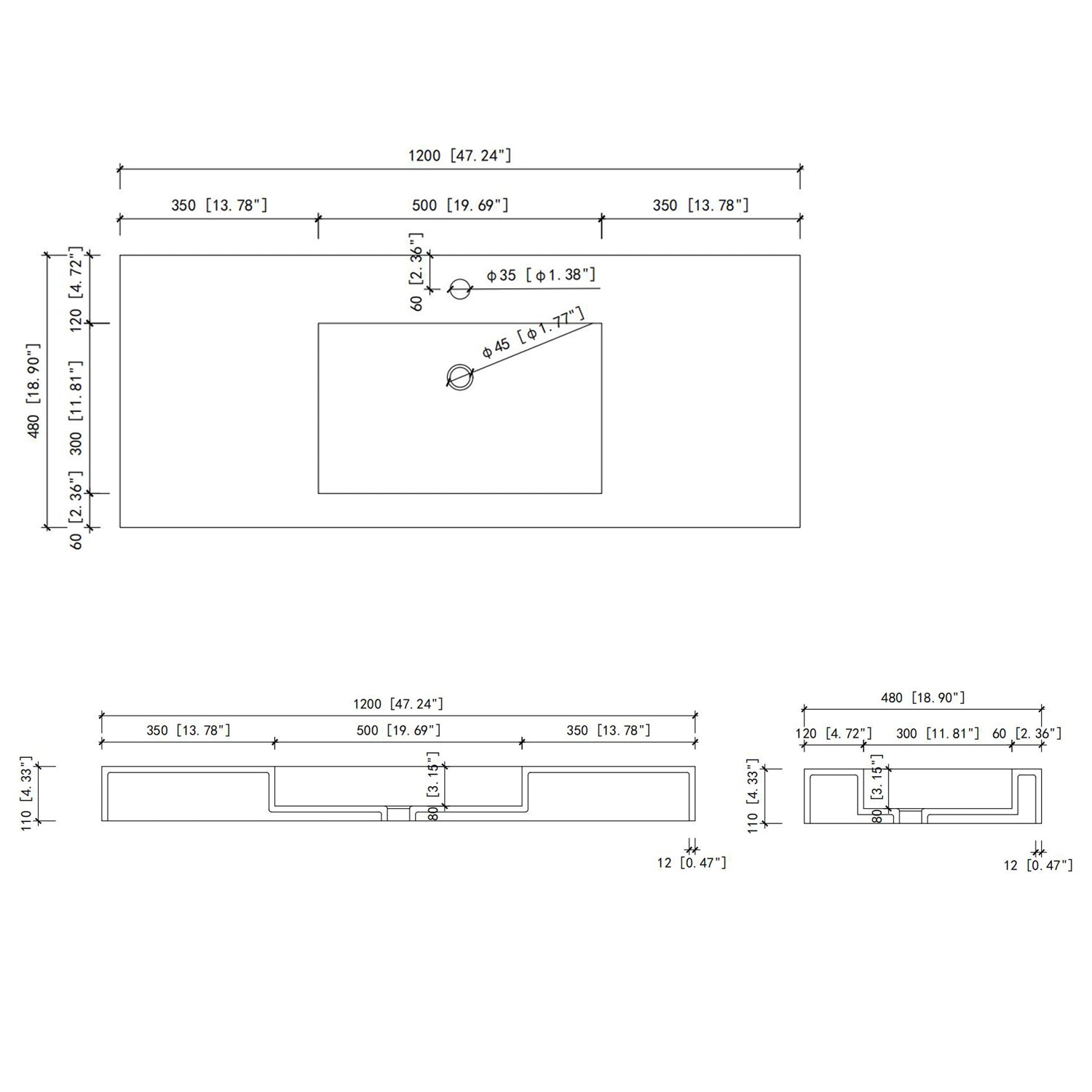 Blueprint for a mm rectangular washbasin with mm and mm faucet hole dimensions