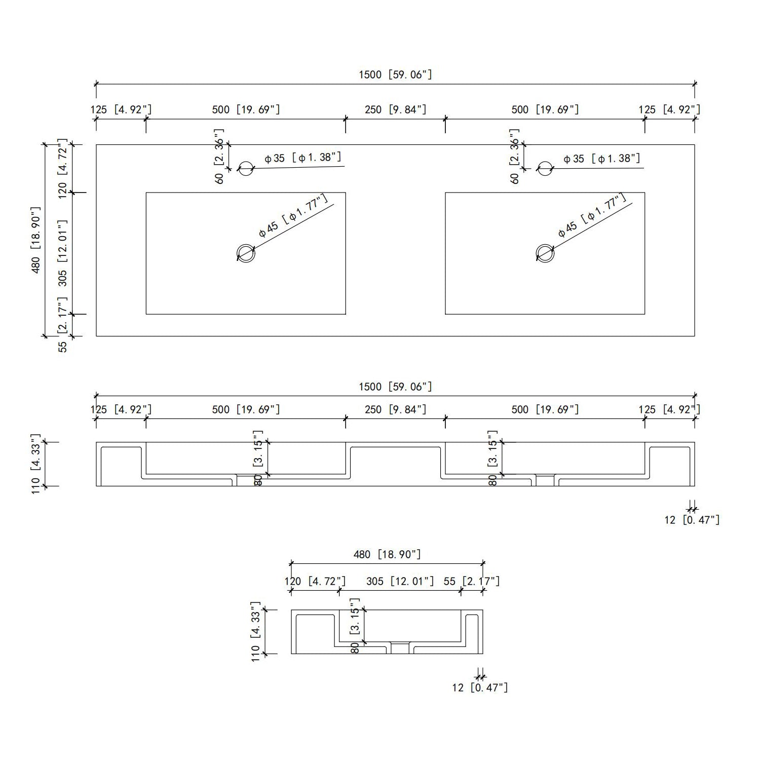 Technical drawing of a dual basin vanity top with precise dimensions