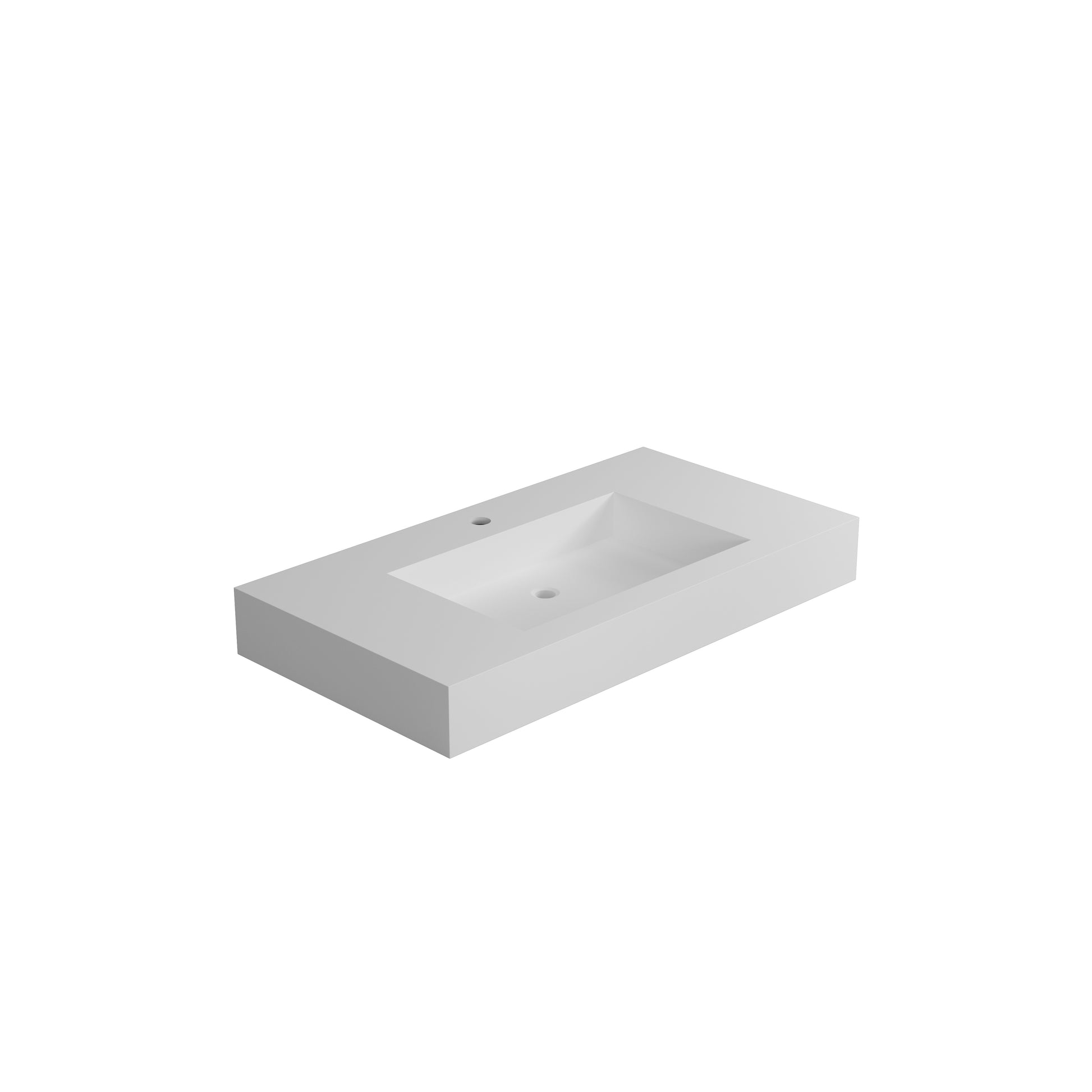 Rectangular white solid surface bathroom sink with integrated basin and single faucet hole