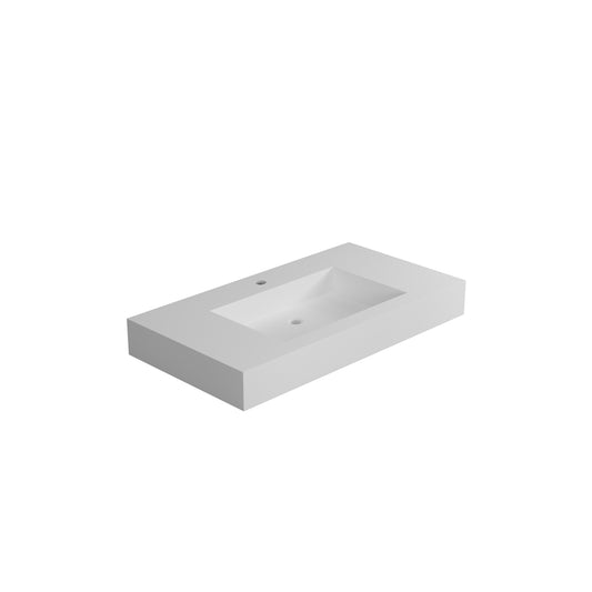 Rectangular white solid surface bathroom sink with integrated basin and single faucet hole