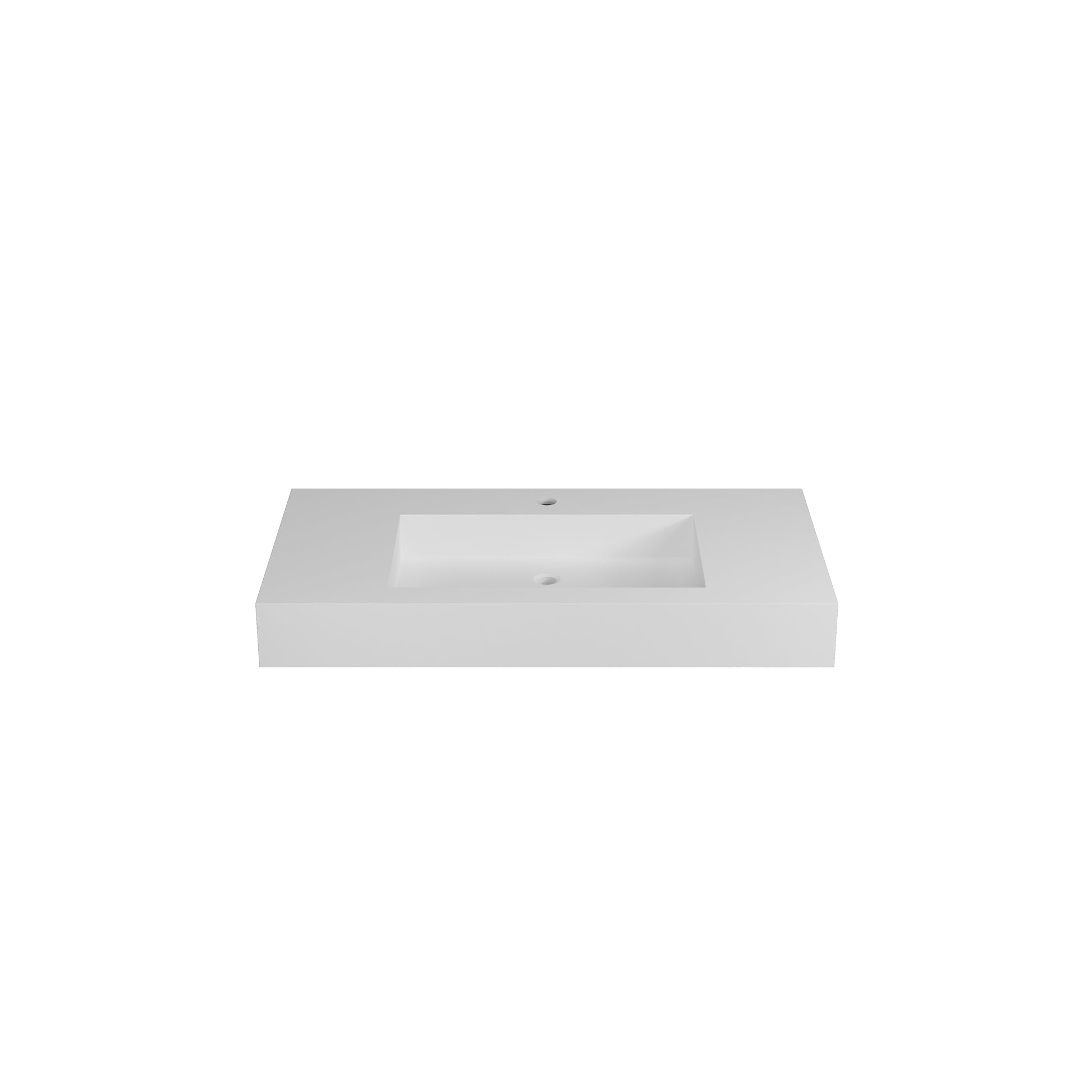Modern white rectangular countertop sink with a single faucet hole perfect for a minimalist bathroom