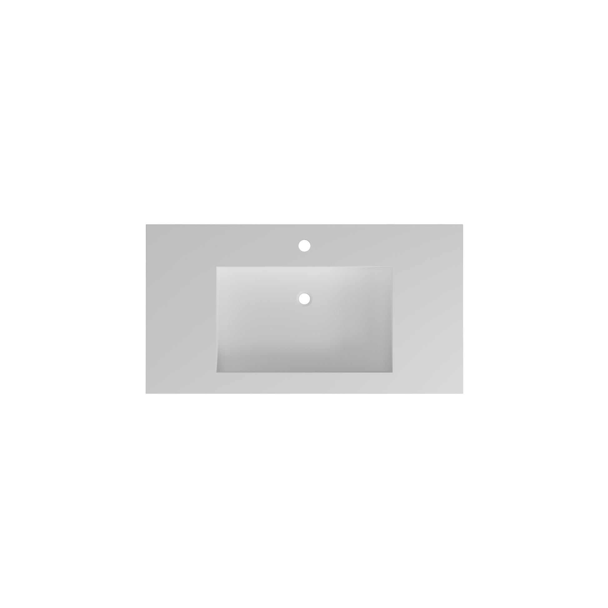 Rectangular light grey quartz vanity top with single basin cutout and faucet hole