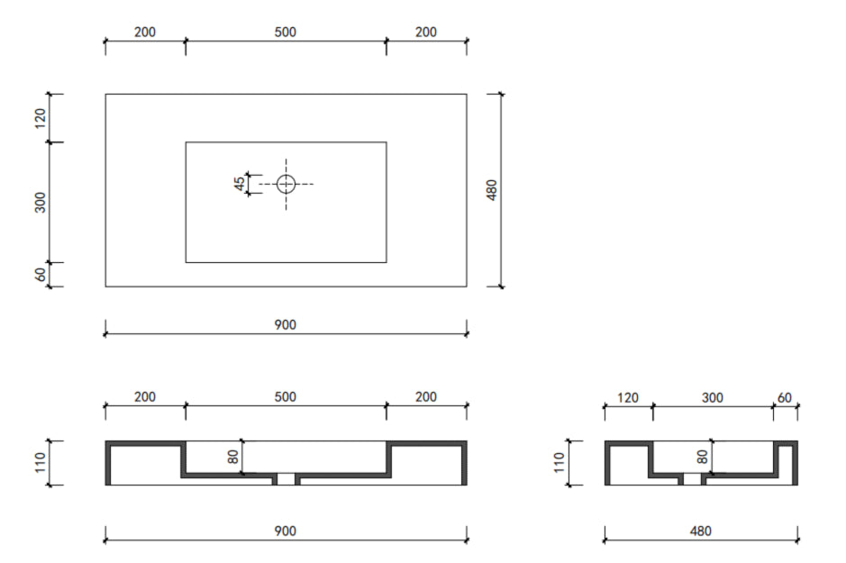 Technical drawing of a xmm rectangular basin with detailed dimensions and faucet hole placement