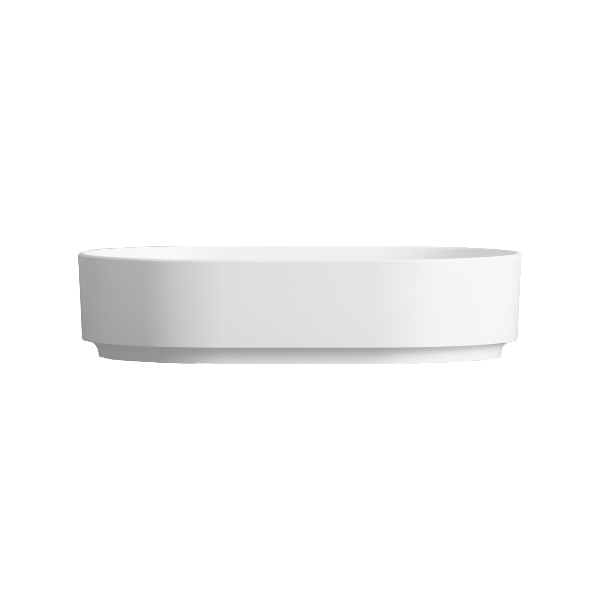 White ceramic vessel sink with clean modern lines and a shallow basin