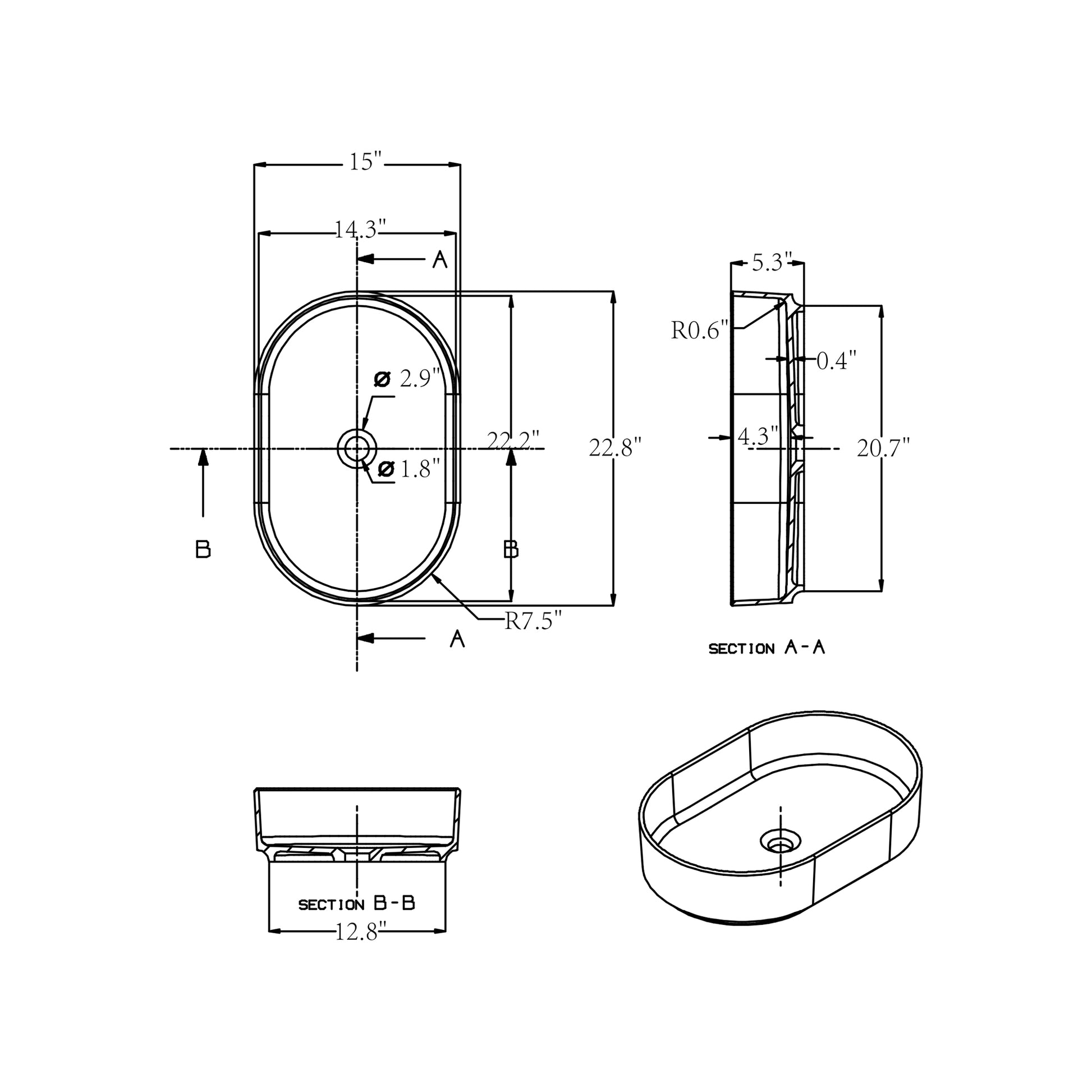 Technical drawing of an oval vessel sink showing dimensions for installation and design