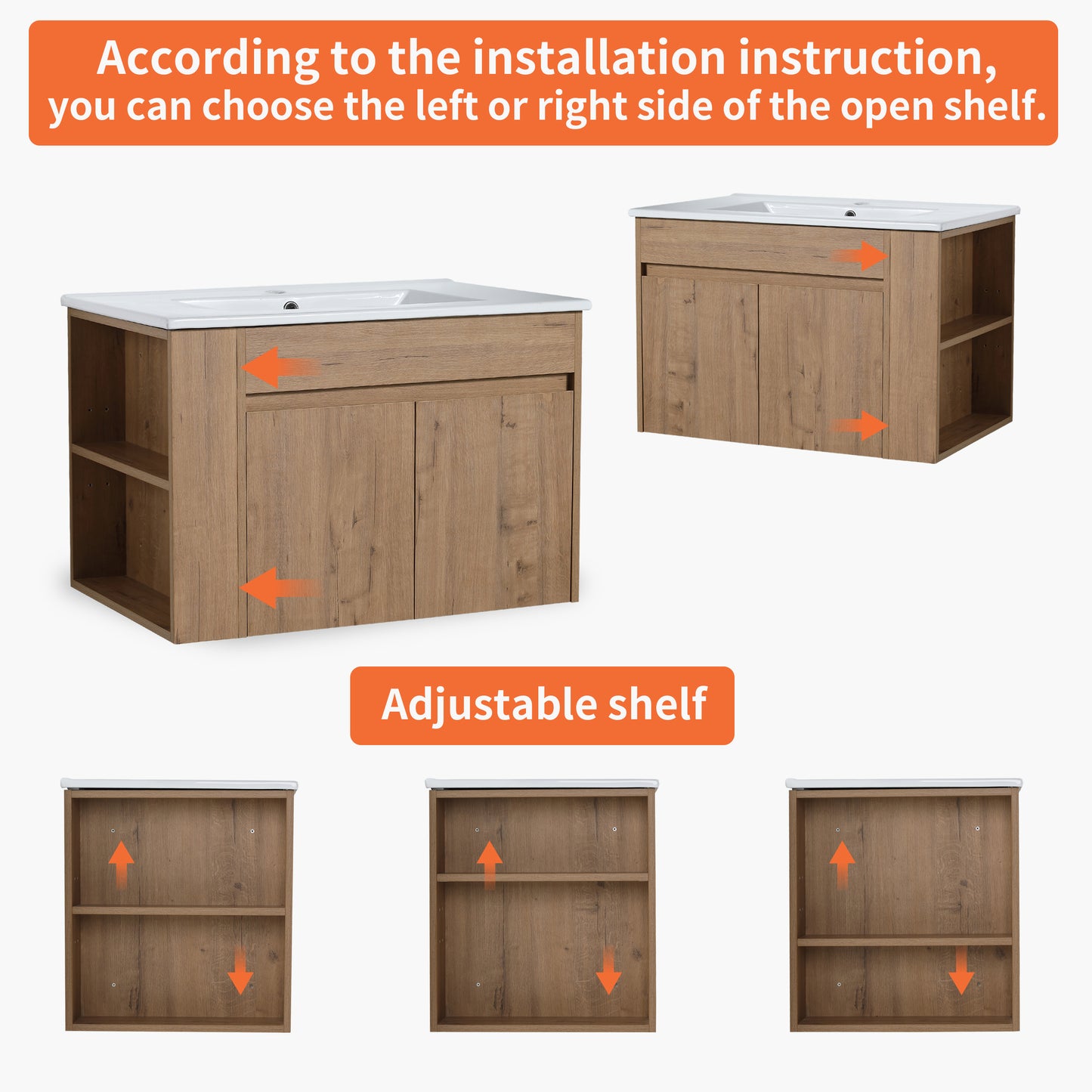 Wooden bathroom vanity with white countertop and adjustable shelf for storage