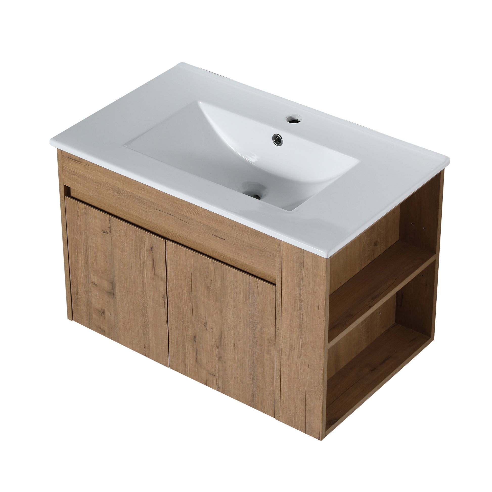 Modern wooden vanity with white ceramic sink and dual doors for bathroom storage