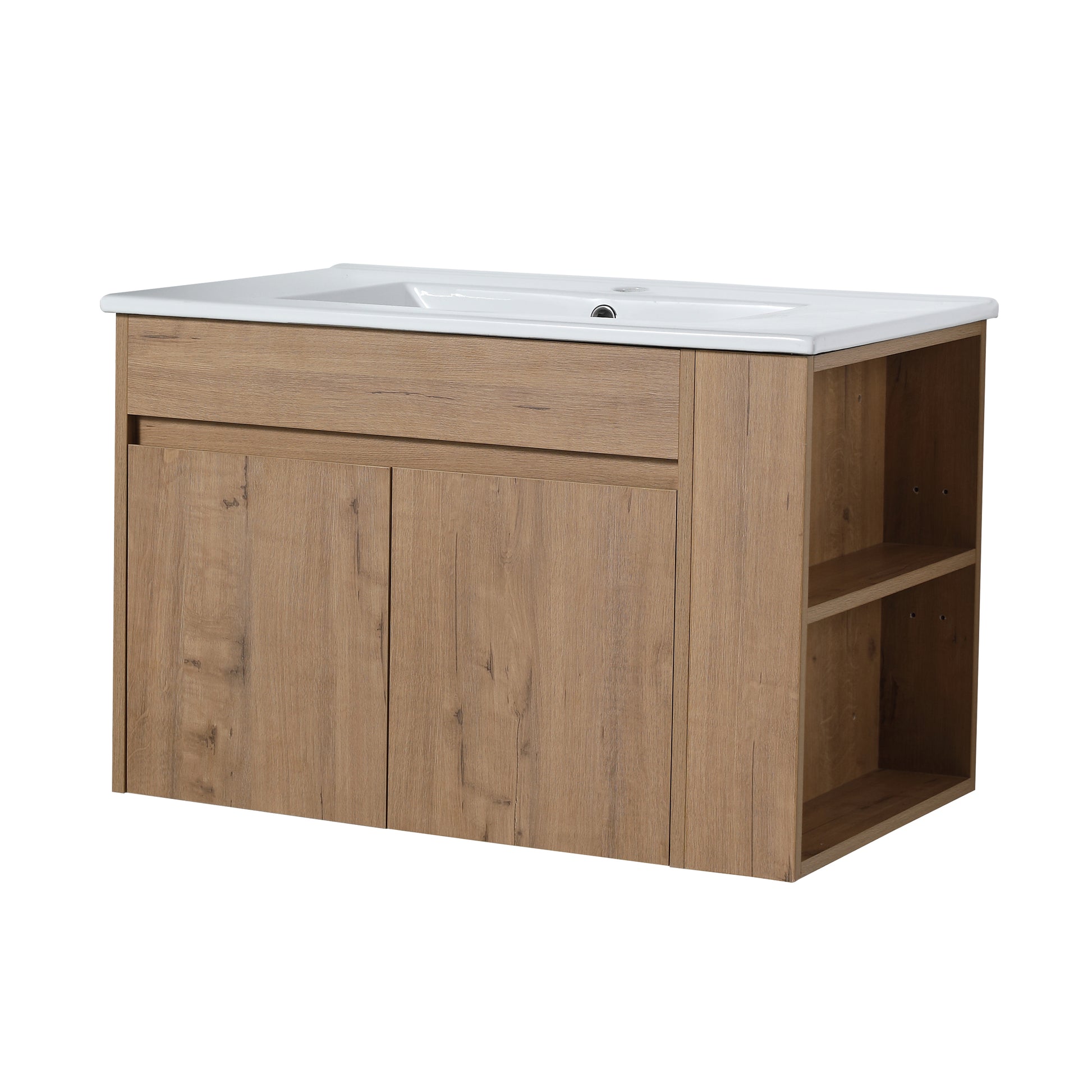 Modern oak veneer bathroom vanity with white ceramic sink and open shelving