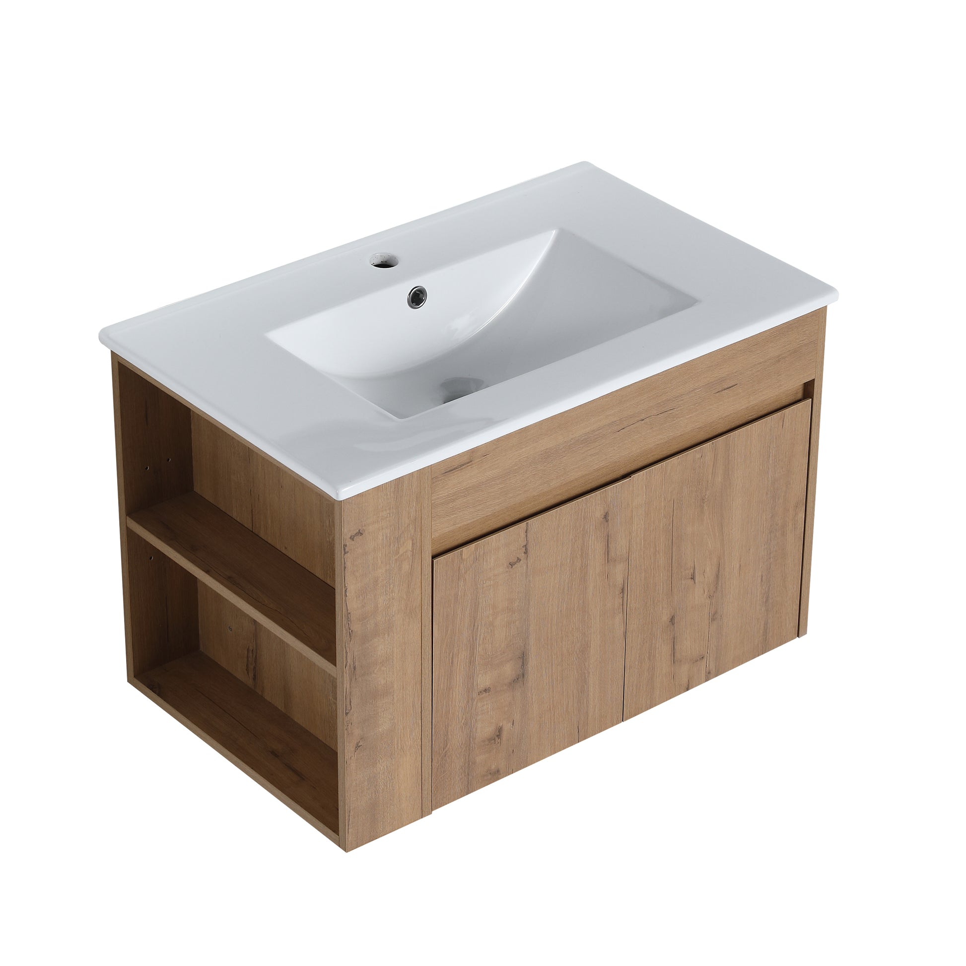 Modern oak effect bathroom vanity with integrated white sink and storage
