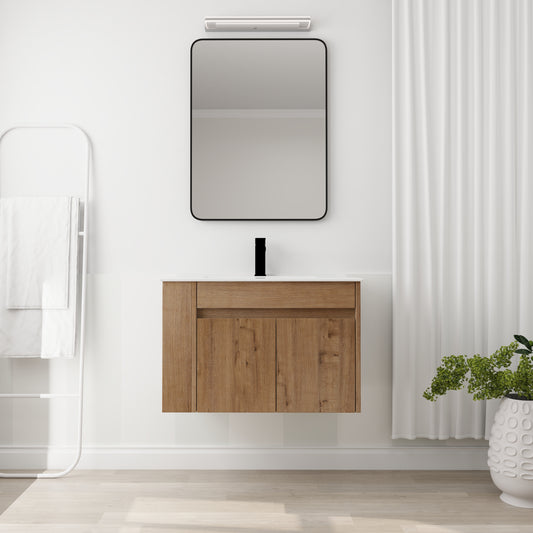 Modern oak vanity with black faucet white countertop and minimalist mirror