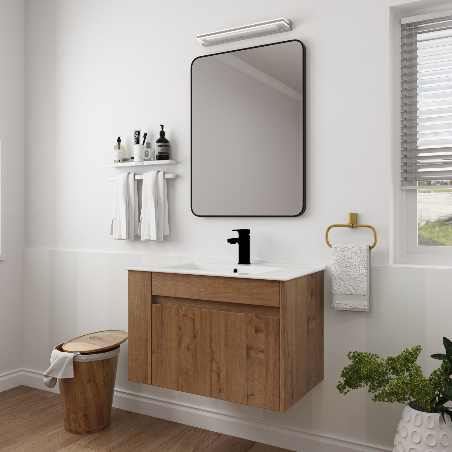 Modern oak bathroom vanity with double doors and white countertop featuring a black faucet and integrated sink