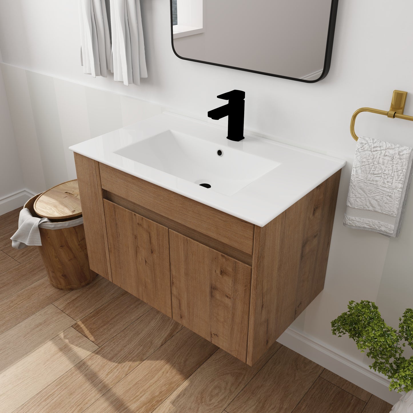 Wallmounted oak bathroom vanity with white integrated sink and black faucet