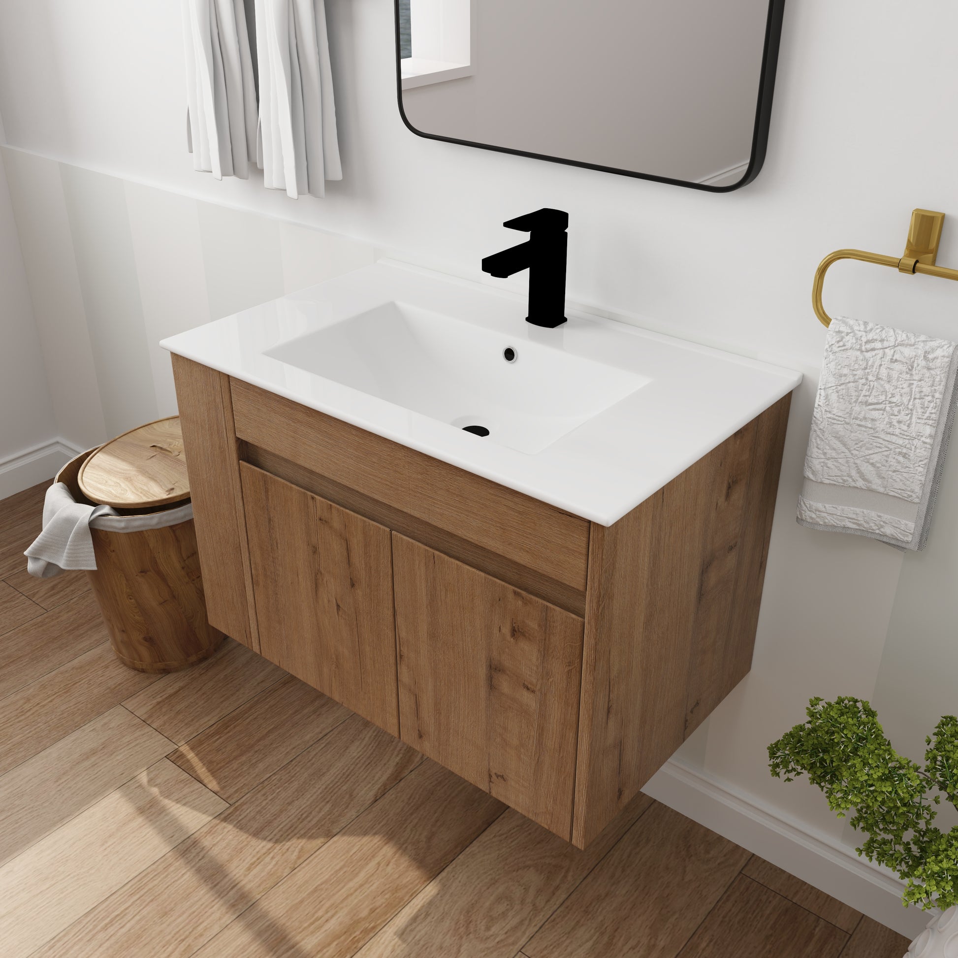 Wallmounted oak bathroom vanity with white integrated sink and black faucet