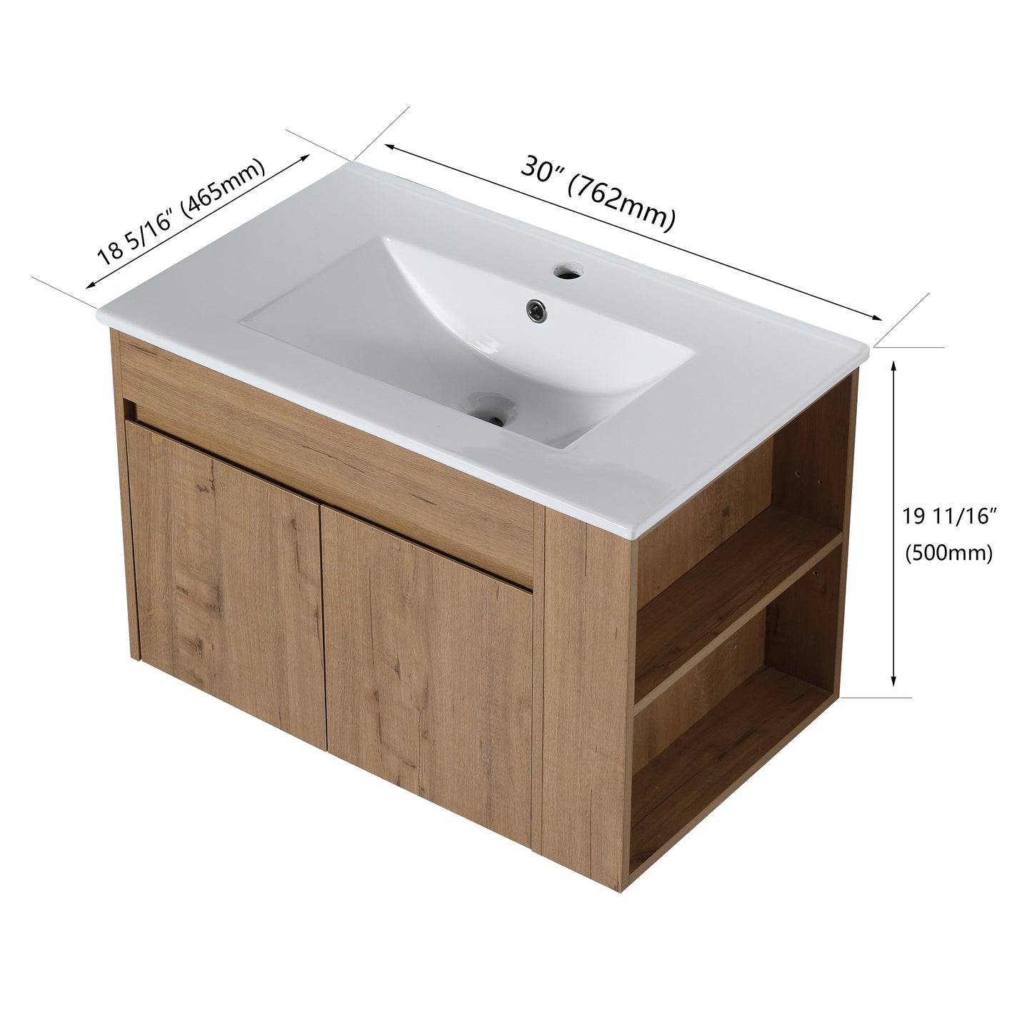 inch oak vanity with white ceramic sink and open shelving for bathroom storage
