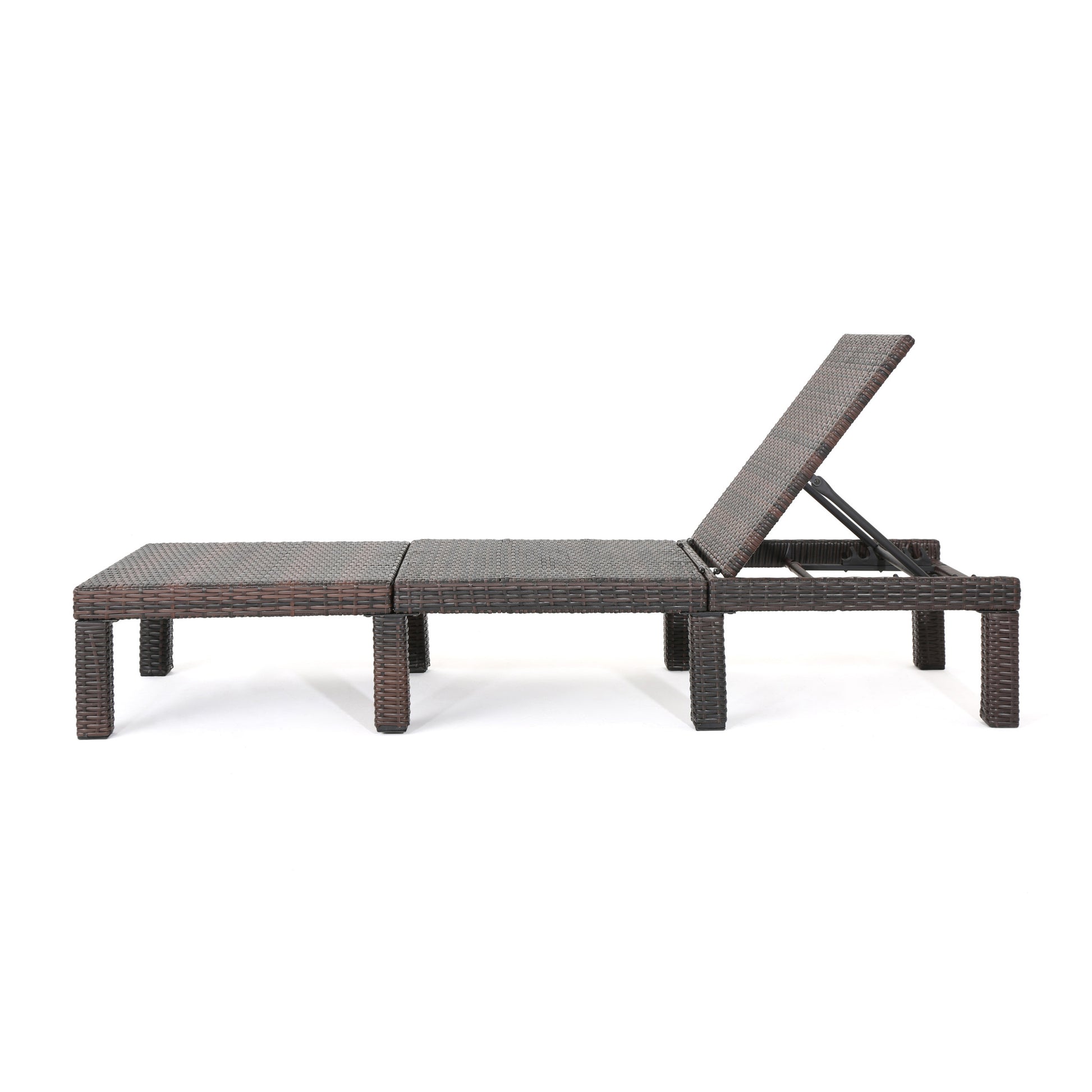 Dark brown wicker chaise lounge chair with adjustable back on white background