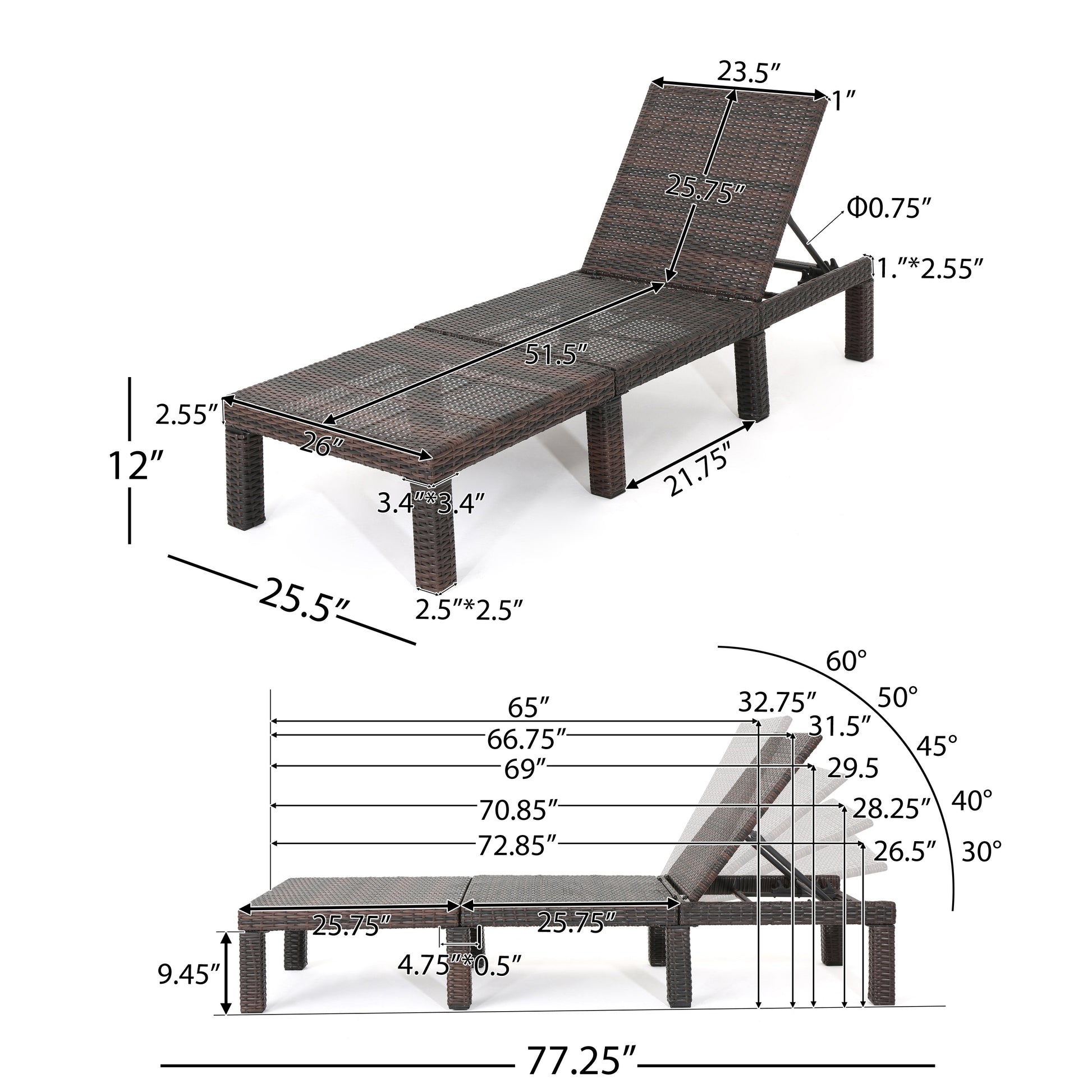 Brown rattan chaise lounge with adjustable backrest and dimensions shown