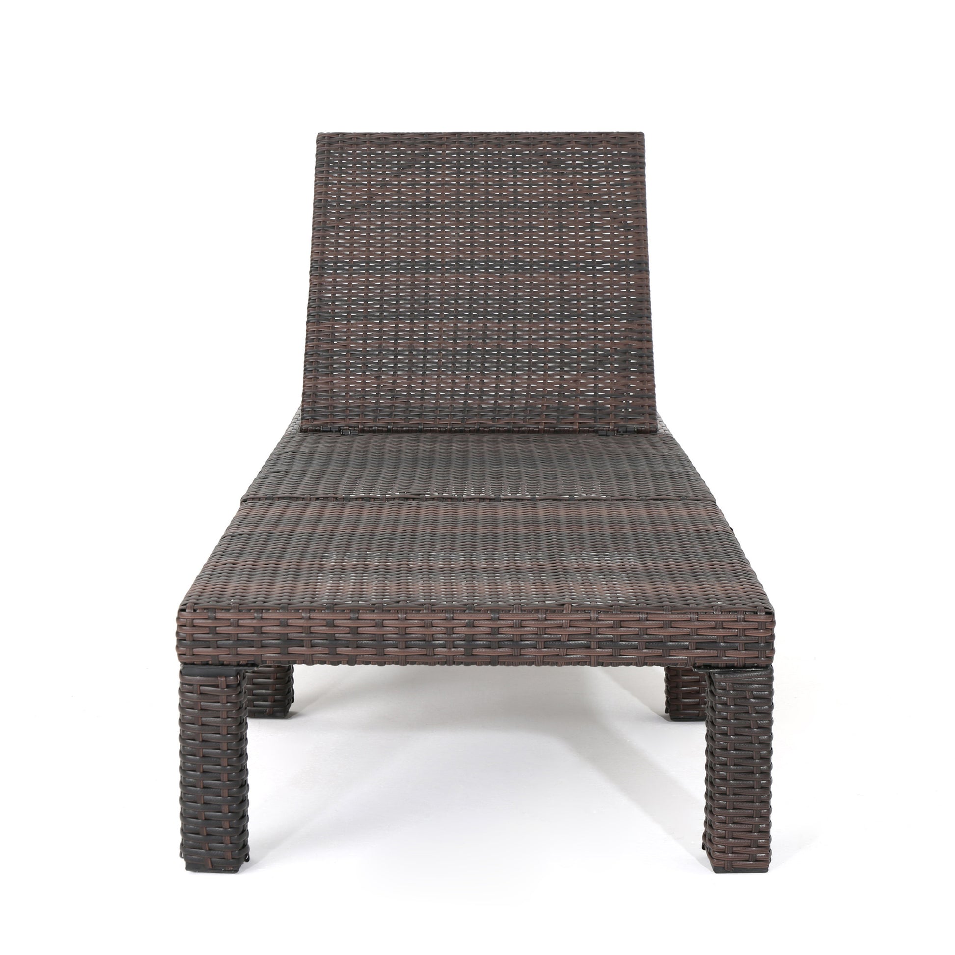 Brown wicker outdoor chaise lounge with adjustable back
