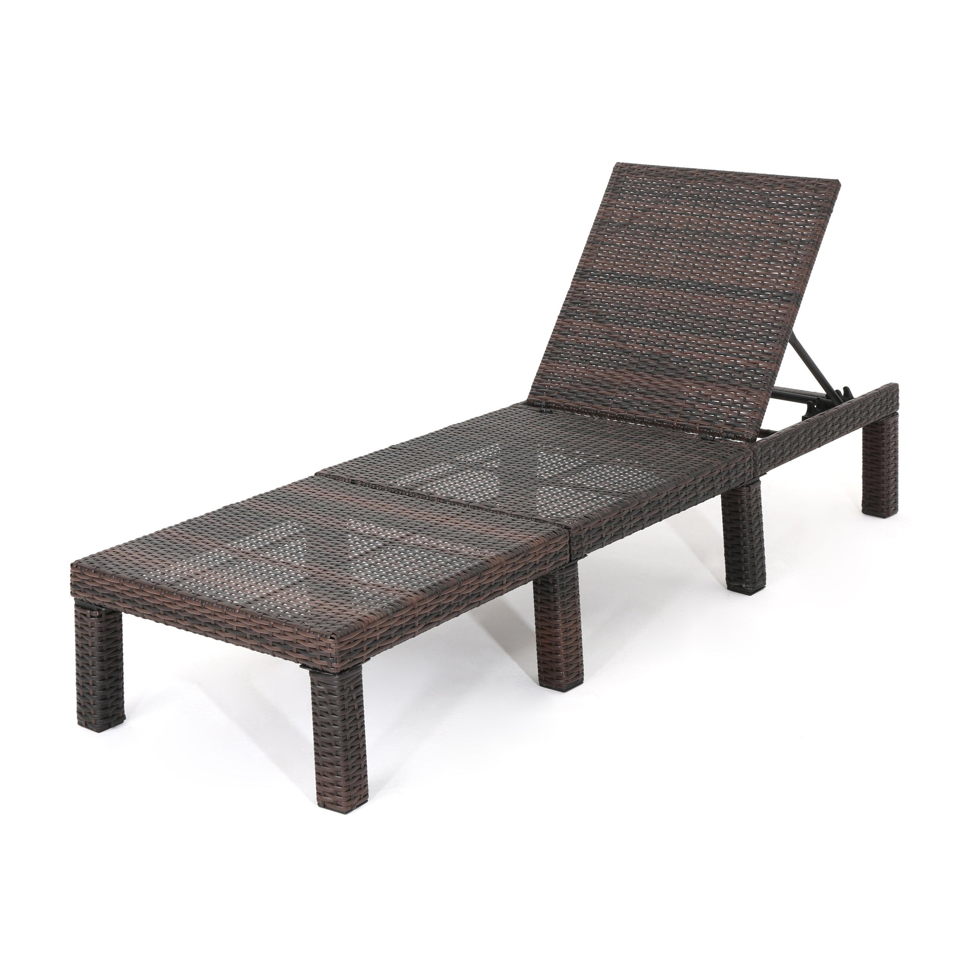 Brown rattan chaise lounge with adjustable back for outdoor relaxation