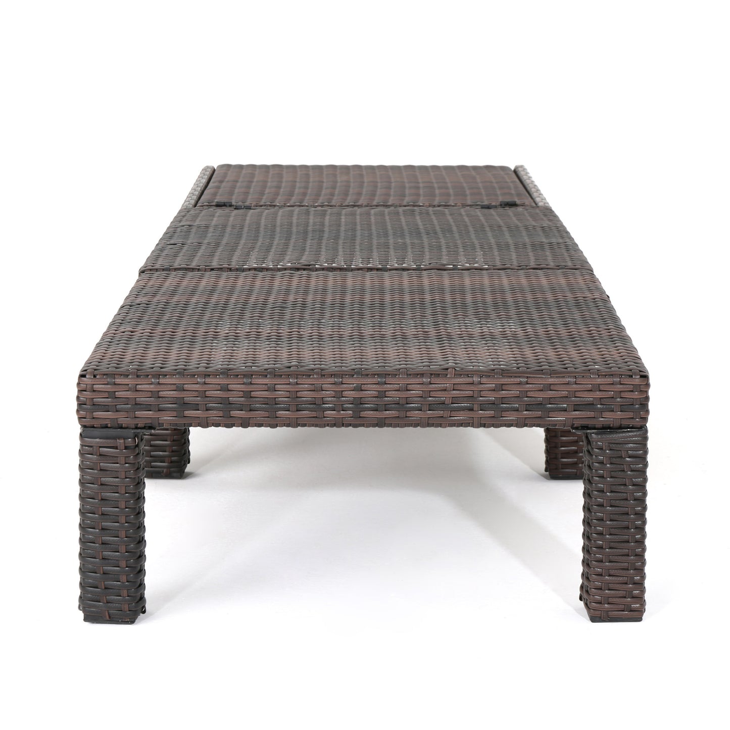 Dark brown wicker chaise lounge with adjustable back on white background