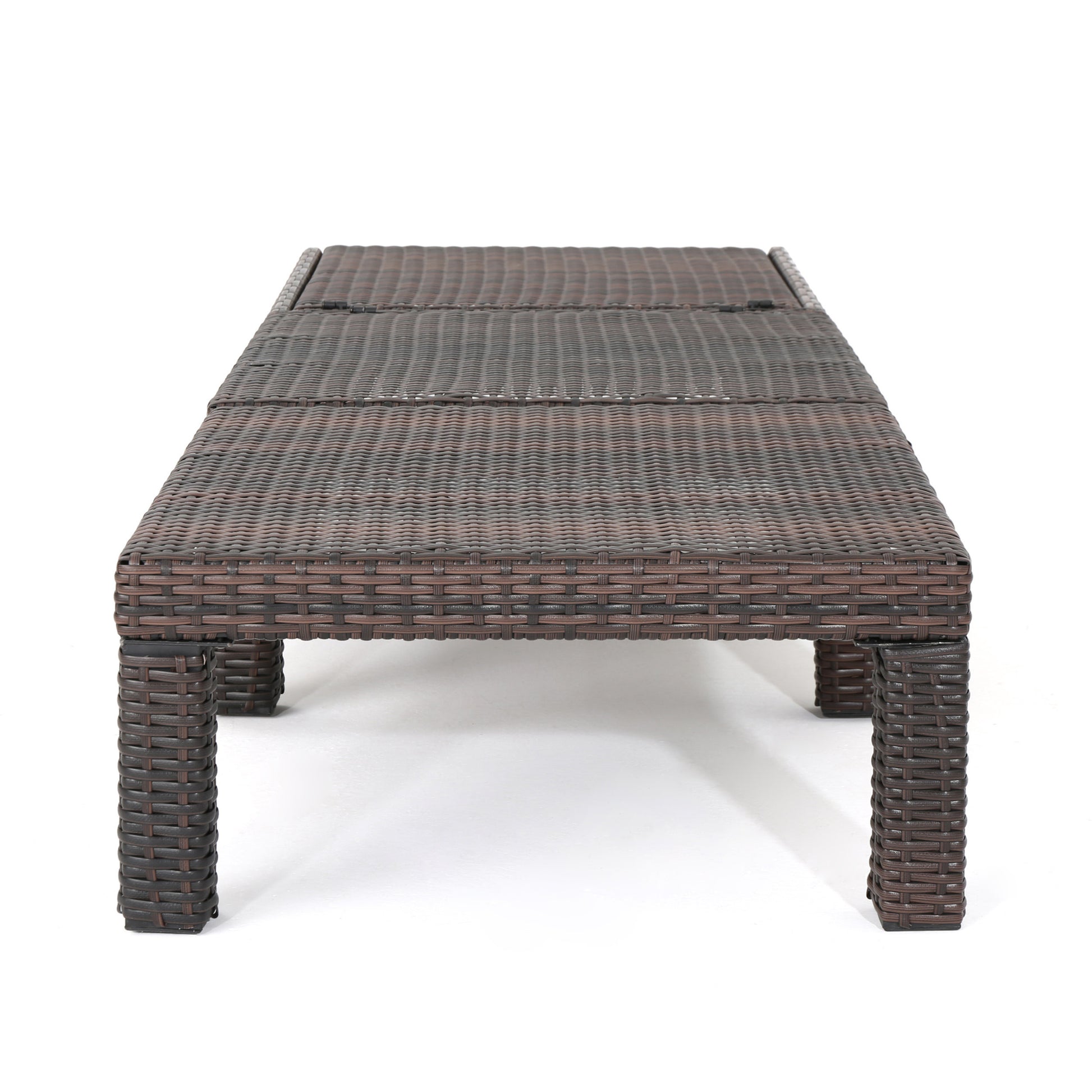 Dark brown wicker chaise lounge with adjustable back on white background
