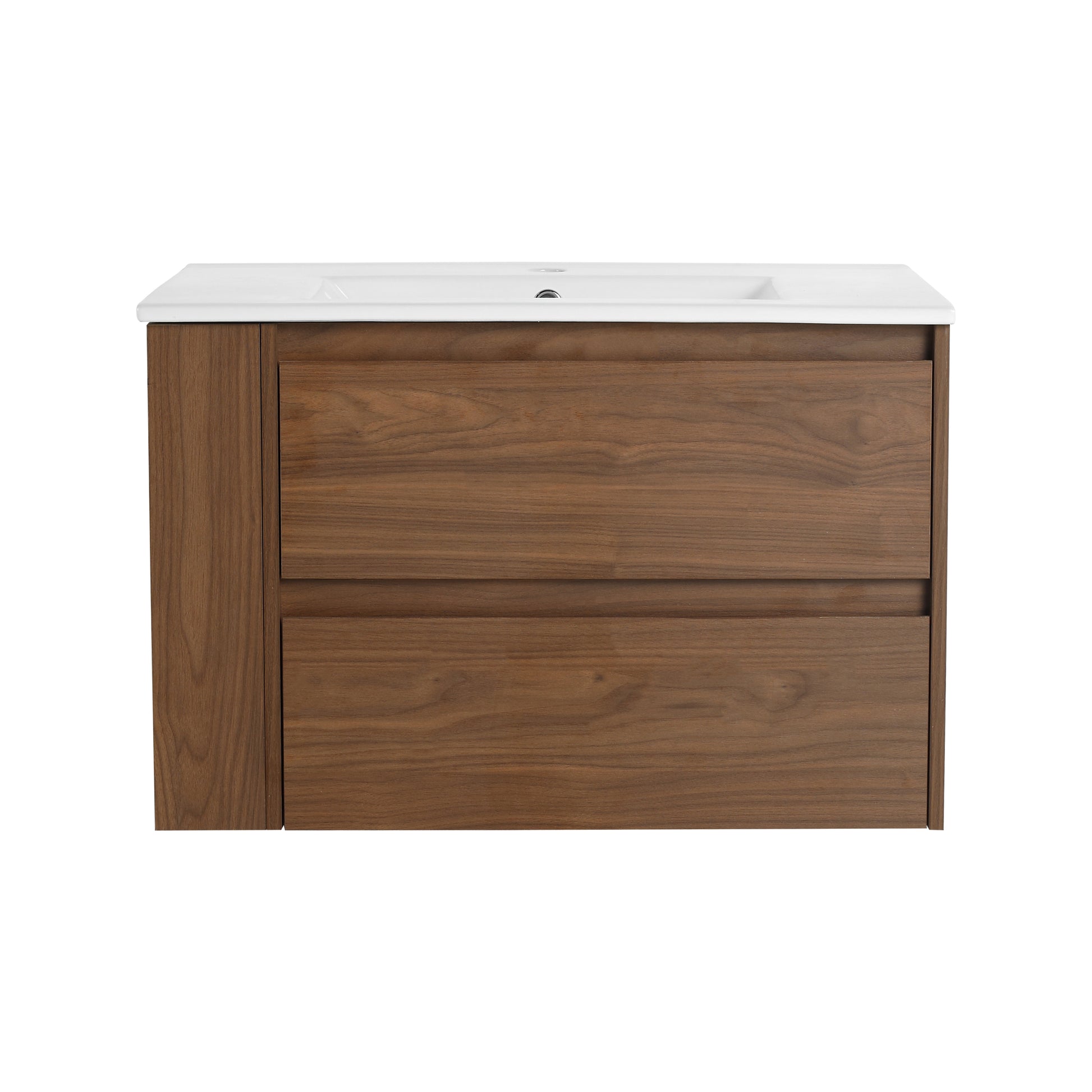 Modern walnut vanity with integrated white ceramic sink and two drawers