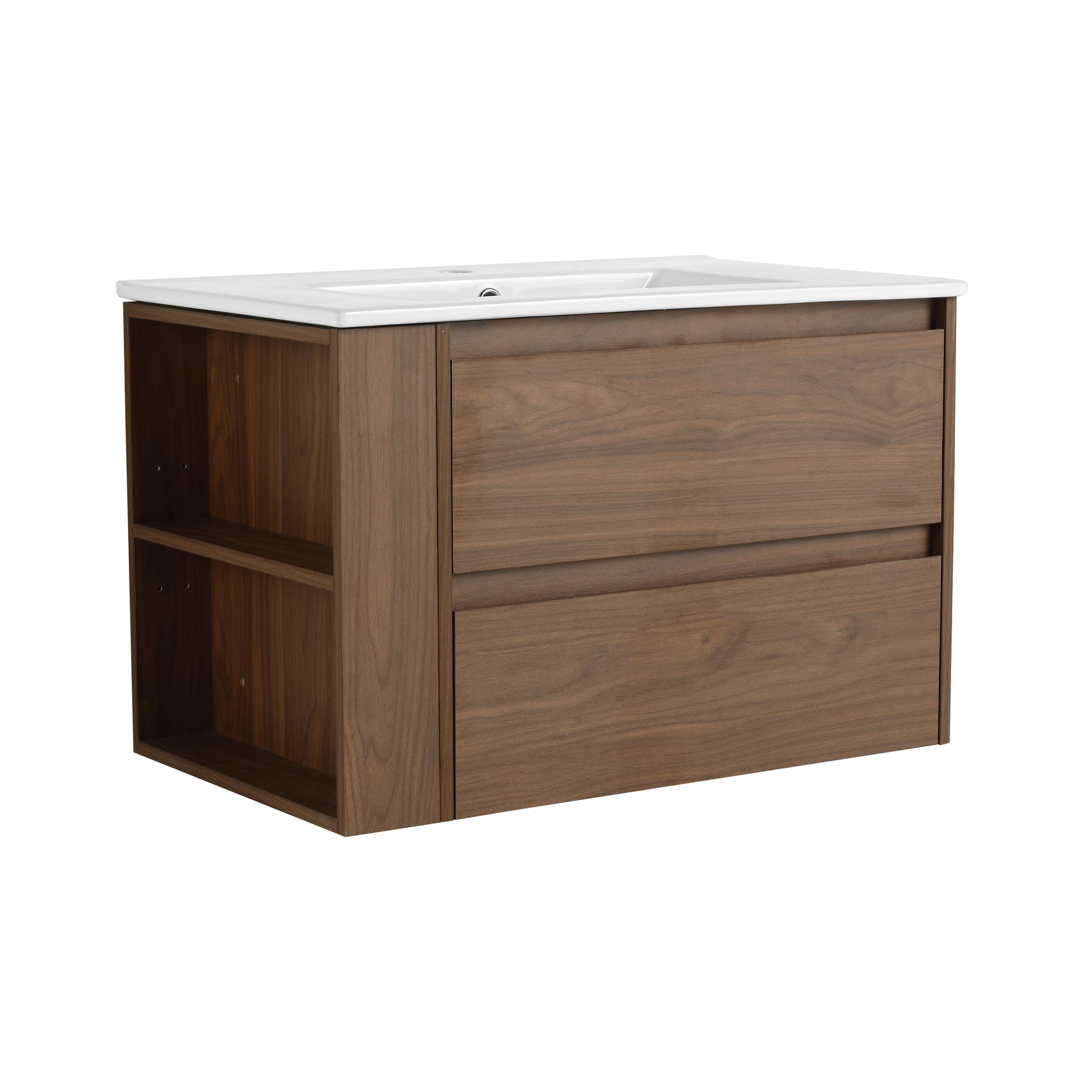 Floating walnut vanity with white ceramic sink and two drawers