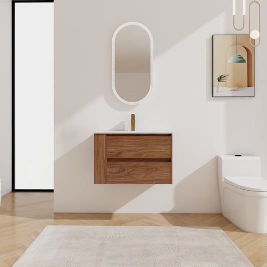 Floating walnut vanity with integrated sink and gold faucet ideal for modern bathrooms