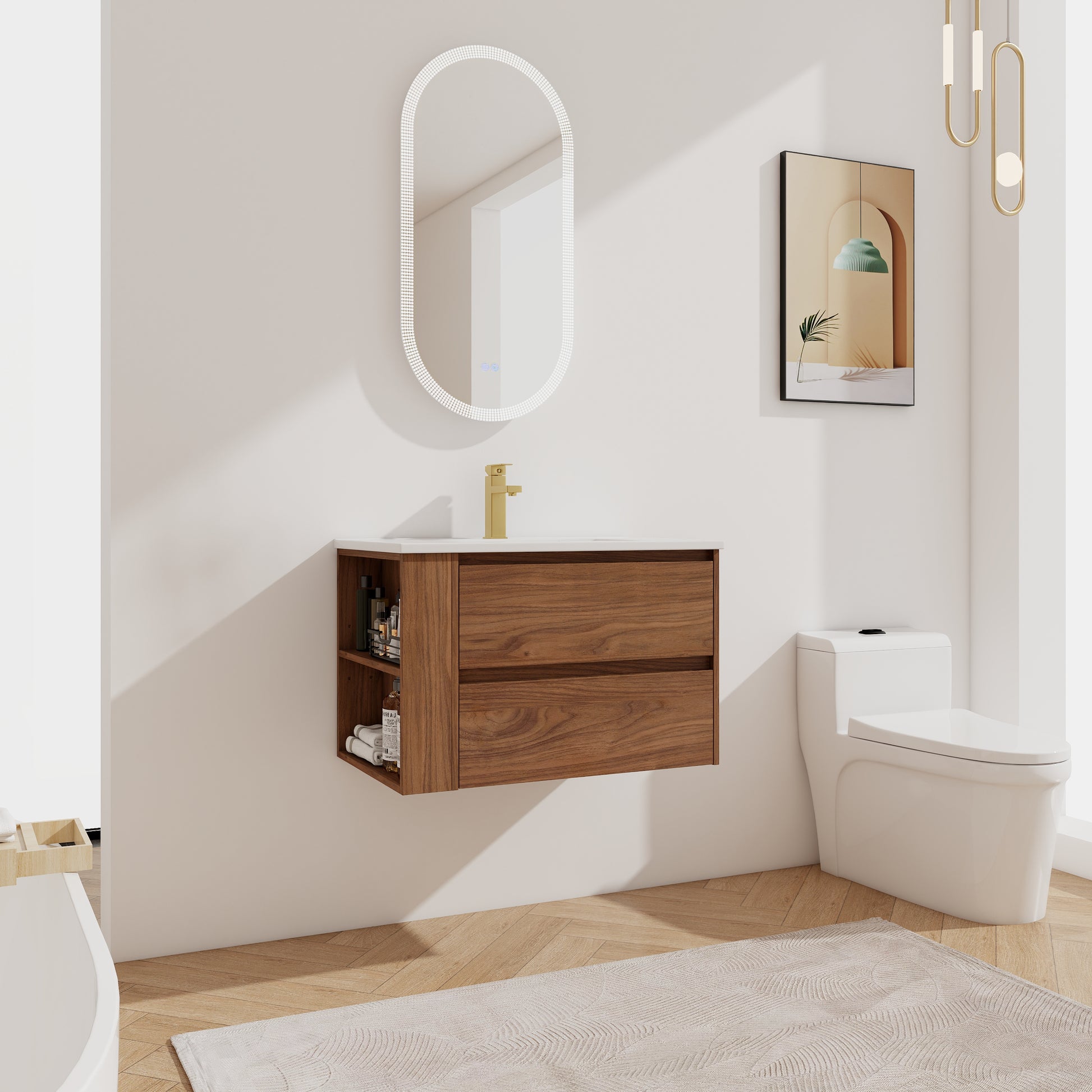 Floating walnut bathroom vanity with two drawers and open shelving golden faucet