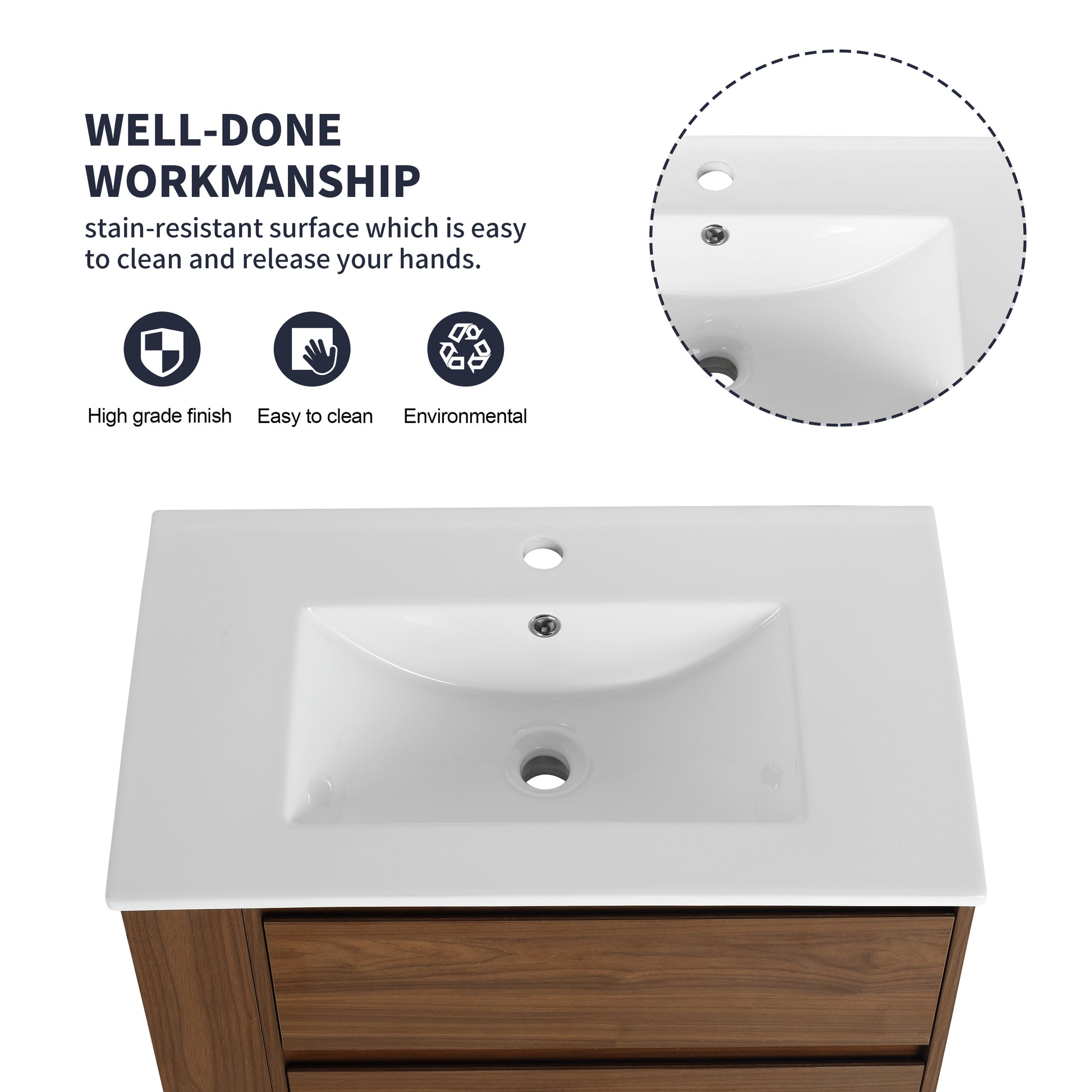 White ceramic vanity top with integrated sink and brown wood cabinet base