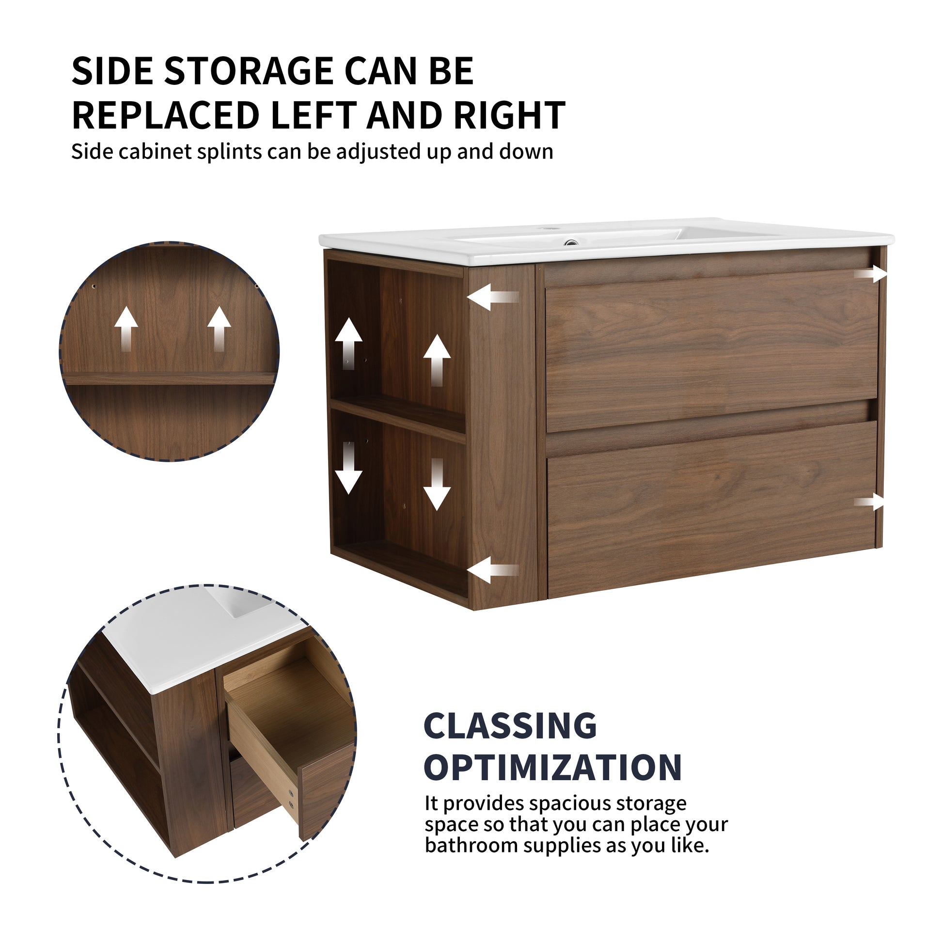 Modern walnut bathroom vanity with adjustable shelves and drawers ideal for storage