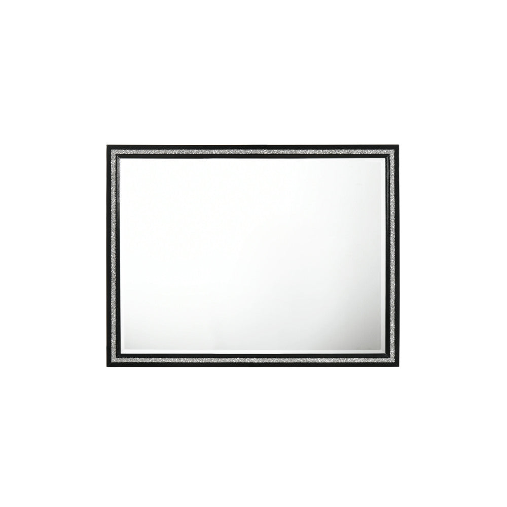 Rectangular black mirror with a shimmering silver glitter accent band on the frame