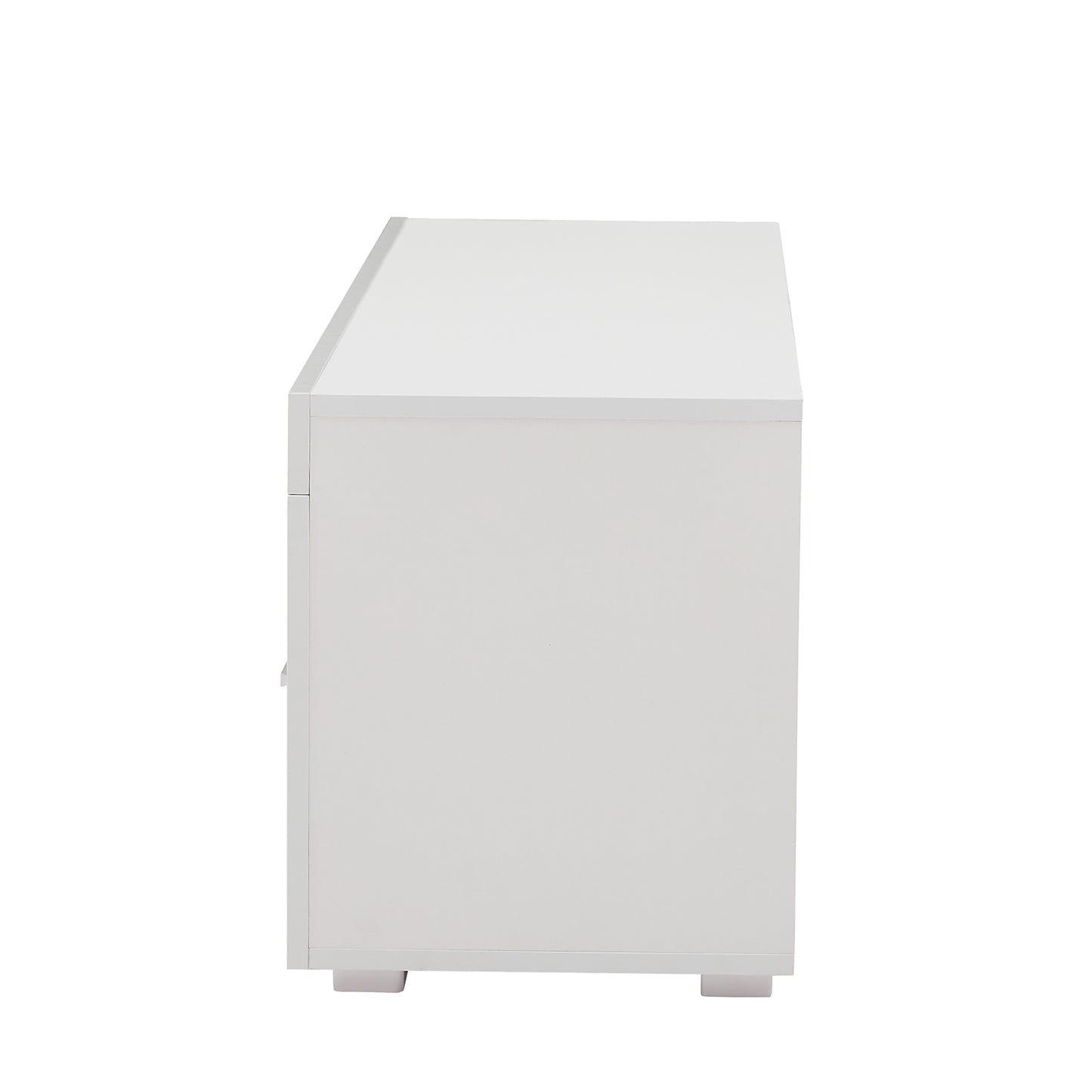 Modern white bedside table with clean lines and subtle drawer detail
