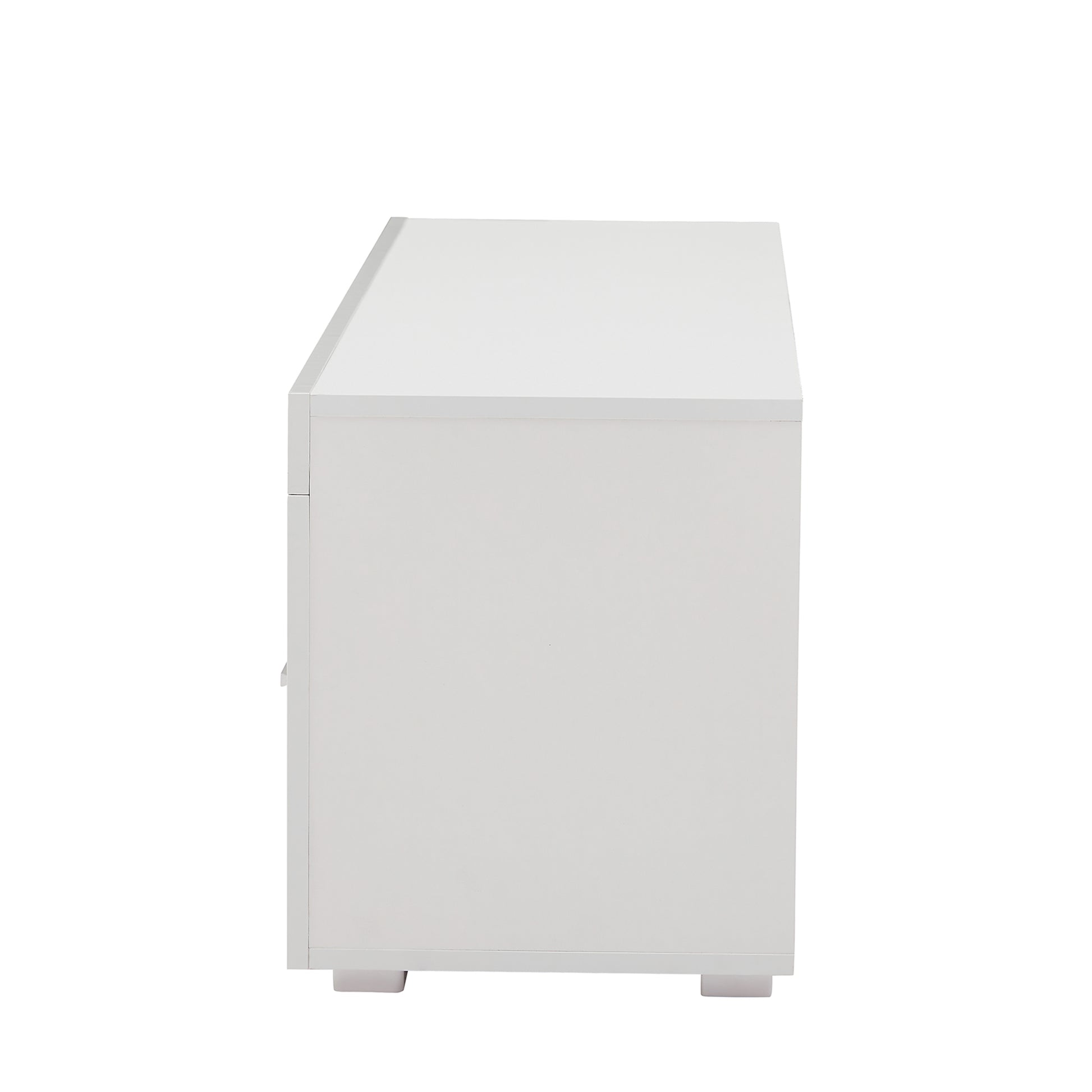 Modern white bedside table with clean lines and subtle drawer detail