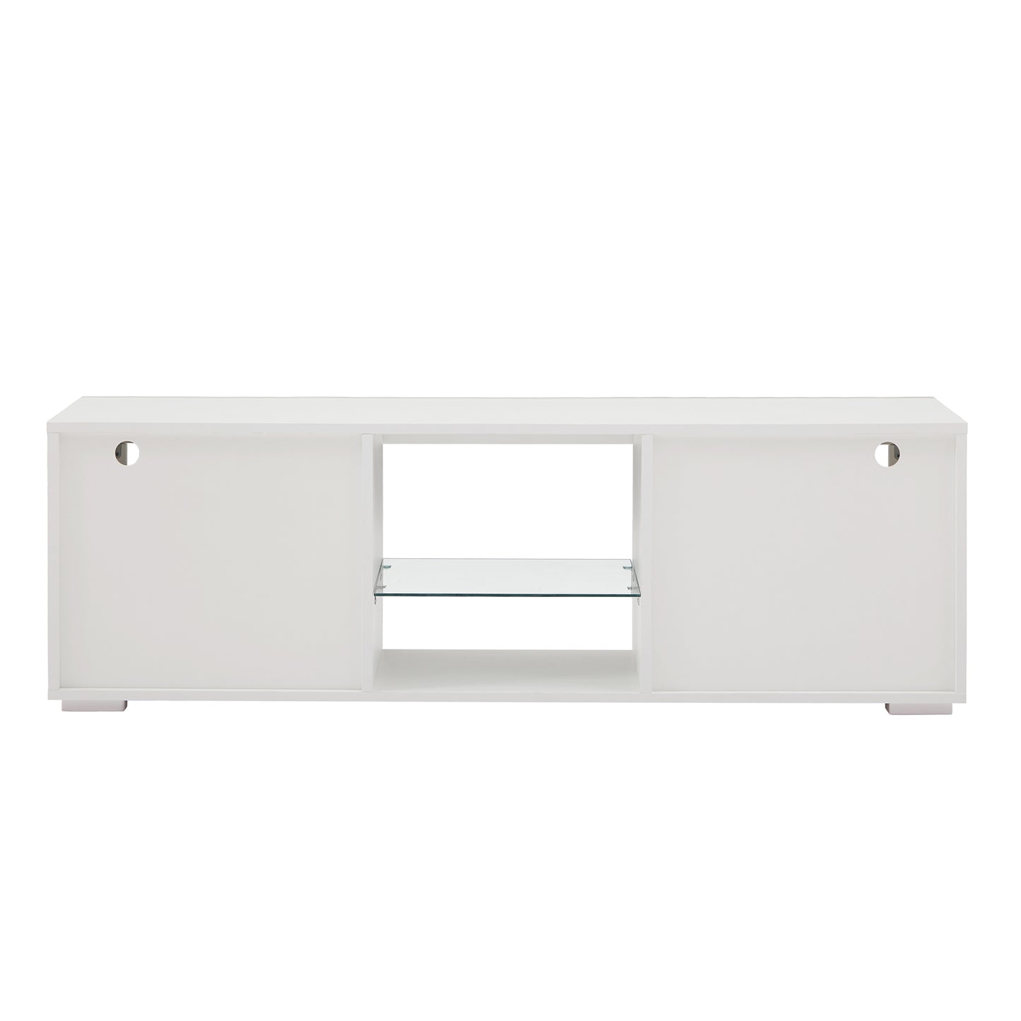 Modern white TV stand with glass shelf and cable management holes