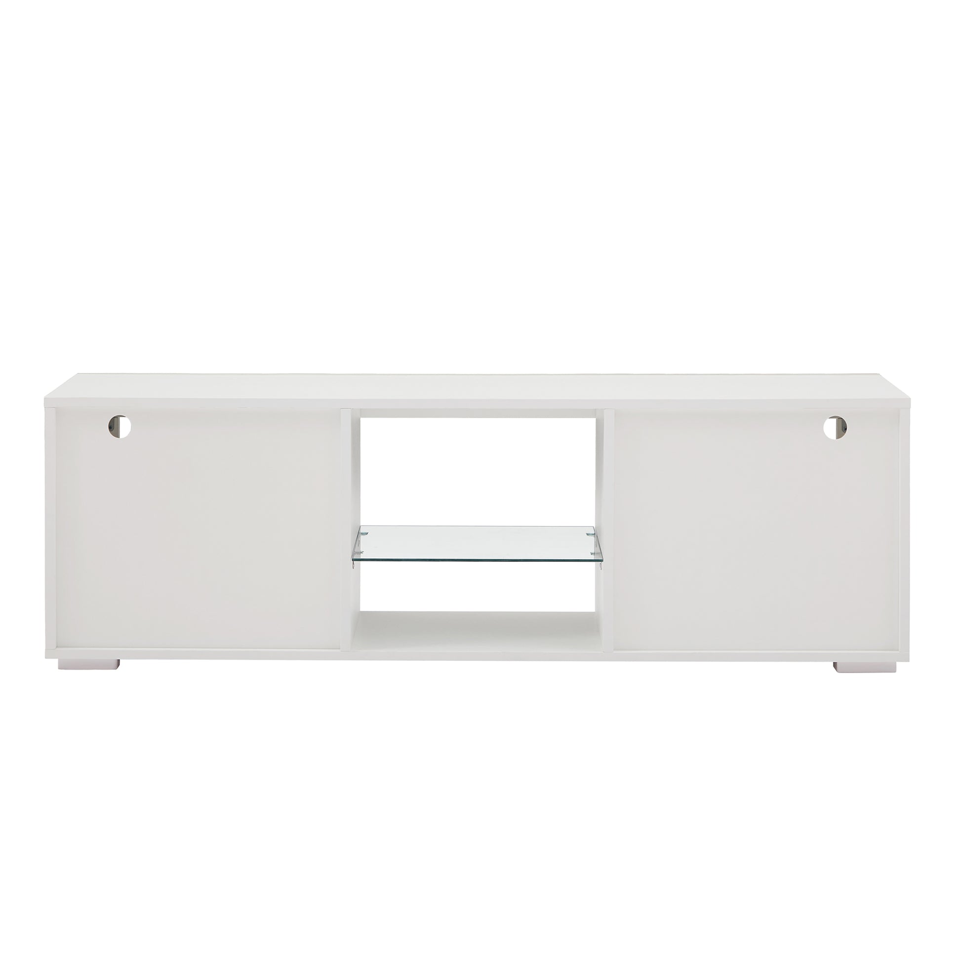 Modern white TV stand with glass shelf and cable management holes