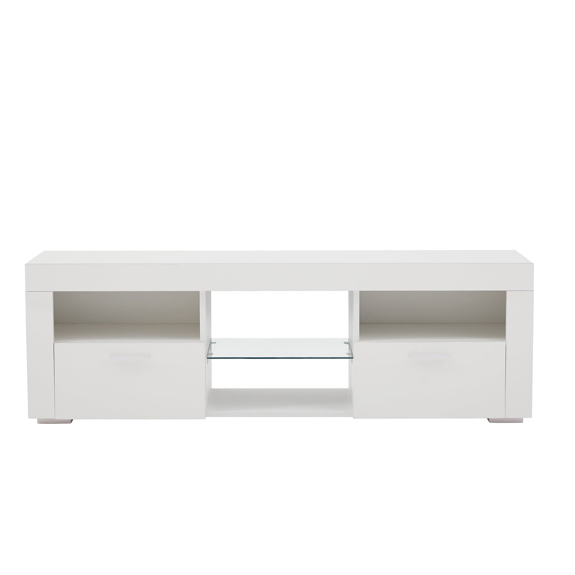 Sleek white modern TV stand with two drawers and a glass shelf for media storage