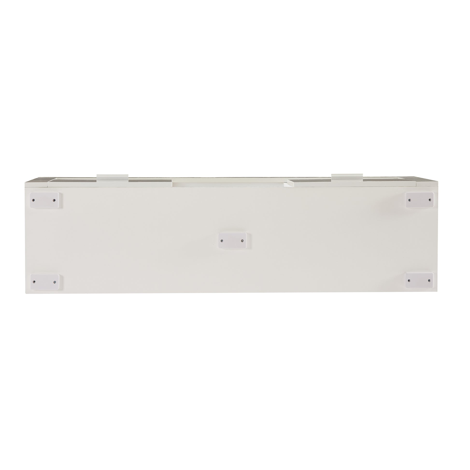 White modern console table with subtle mounting brackets on the bottom