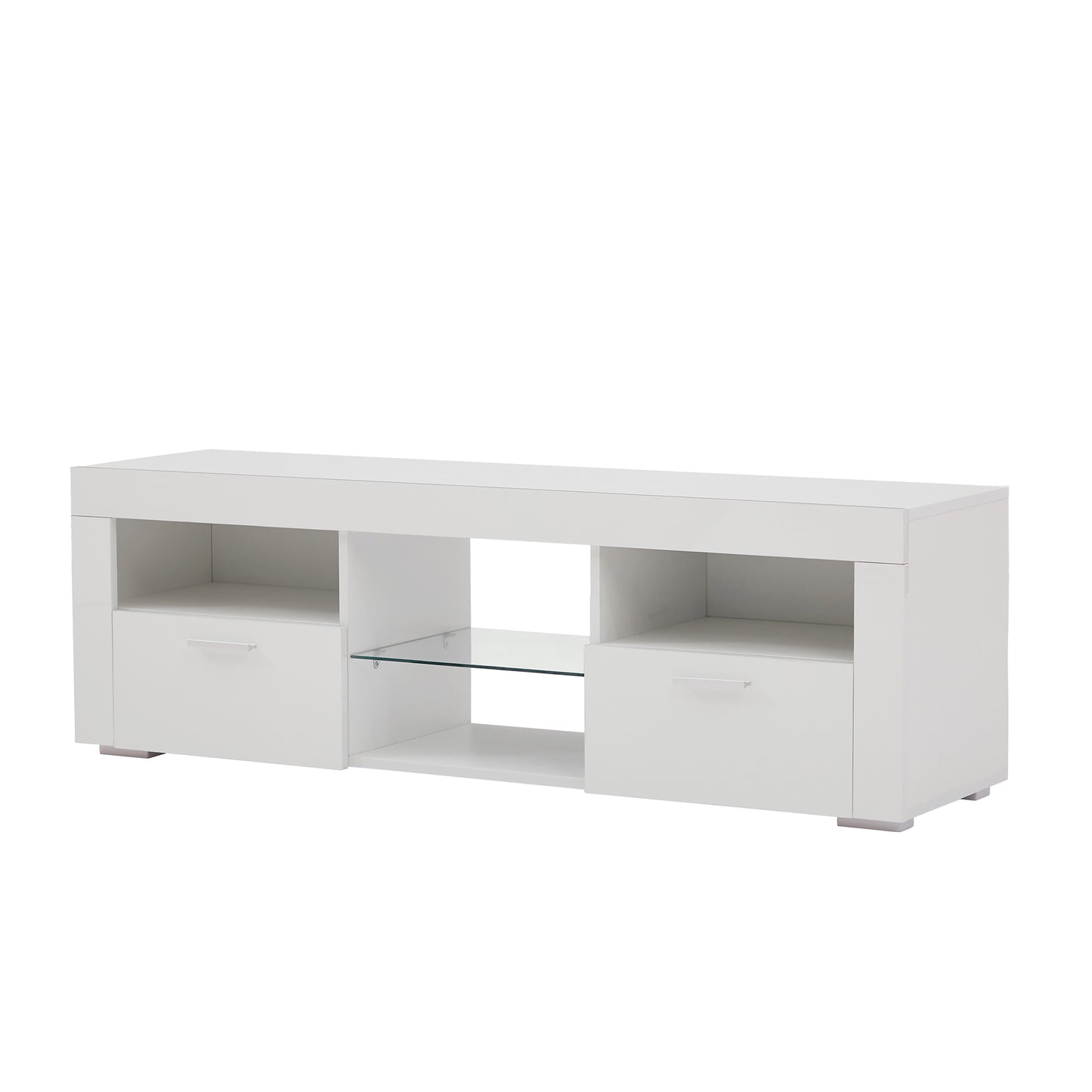 Sleek white TV stand with two drawers and glass shelf for media consoles