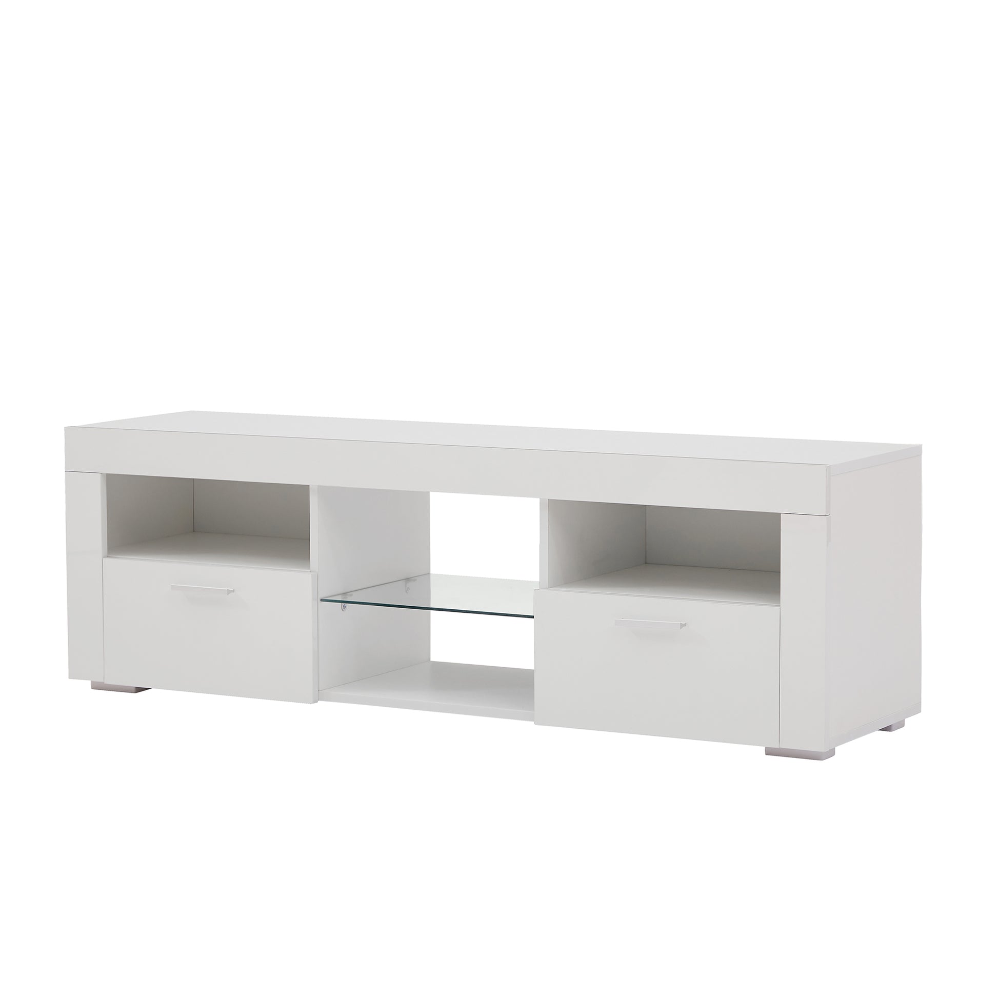 Sleek white TV stand with two drawers and glass shelf for media consoles