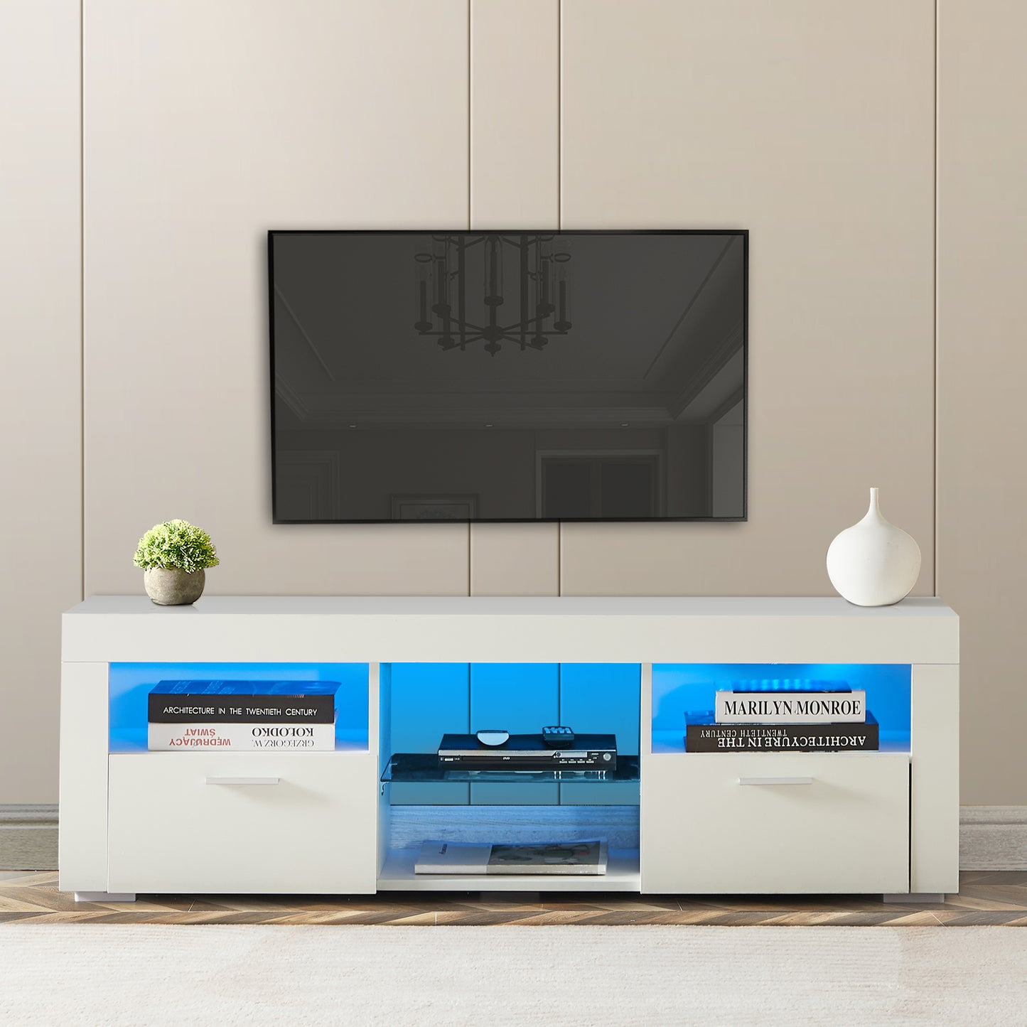 Modern white media console with blue LED lighting featuring drawers and open shelves