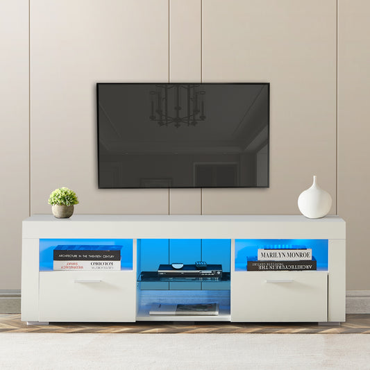Modern white media console with blue LED lighting featuring drawers and open shelves