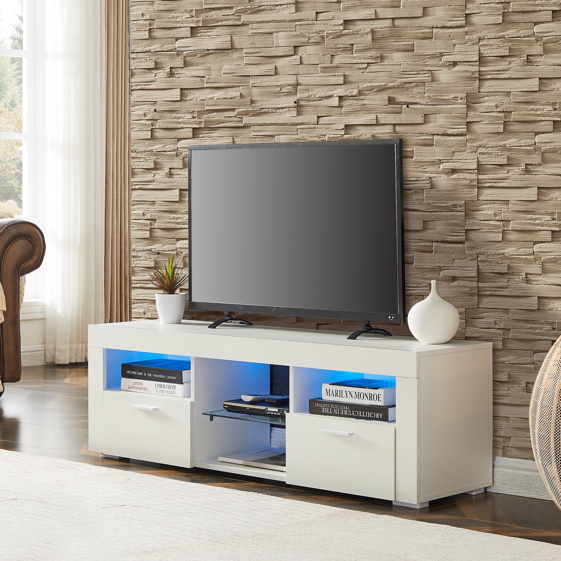 Modern white TV stand with blue LED lighting and two drawers ideal for living rooms
