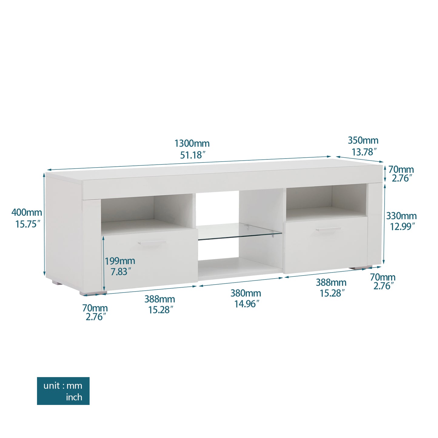 White modern TV stand with two drawers and a central glass shelf mm wide