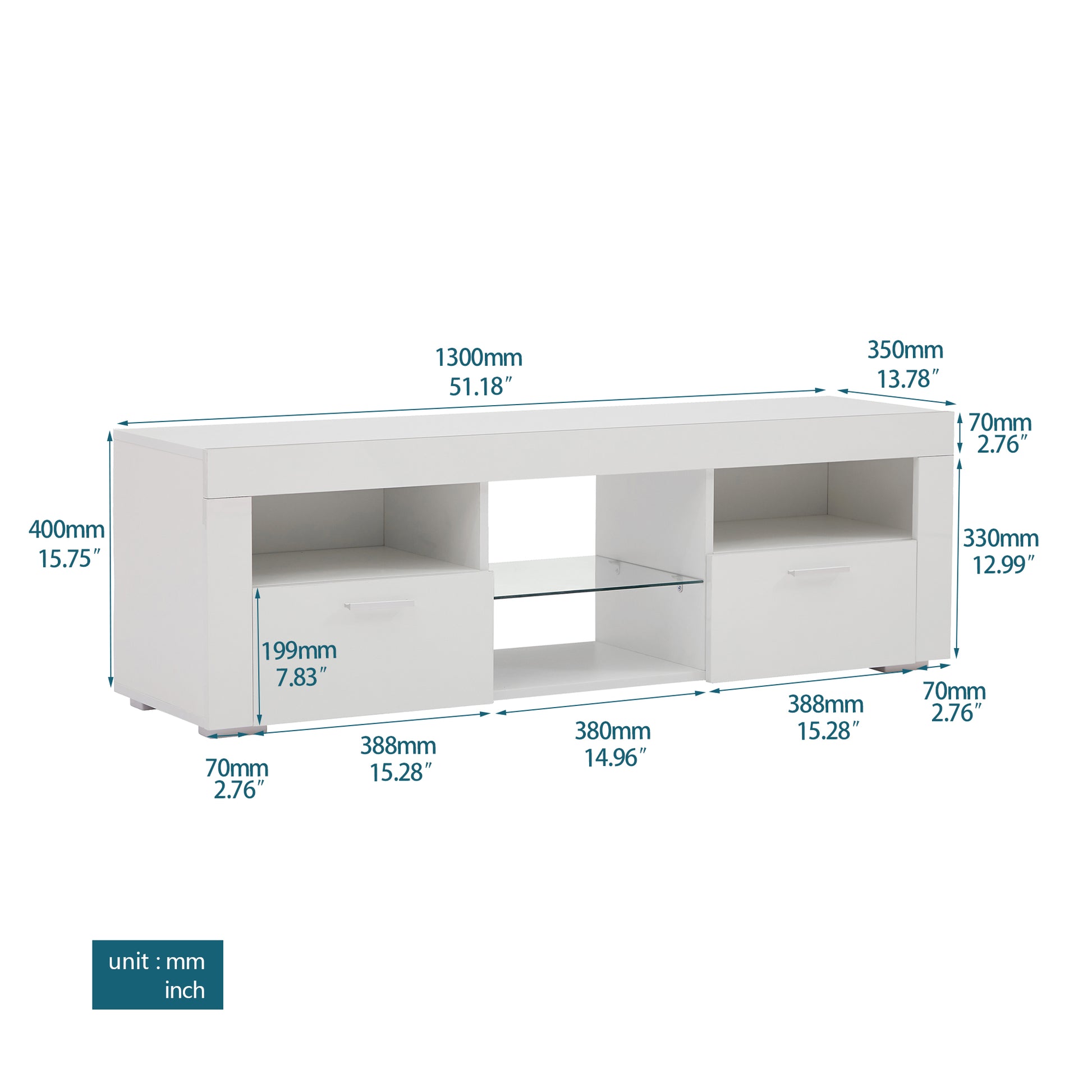 White modern TV stand with two drawers and a central glass shelf mm wide