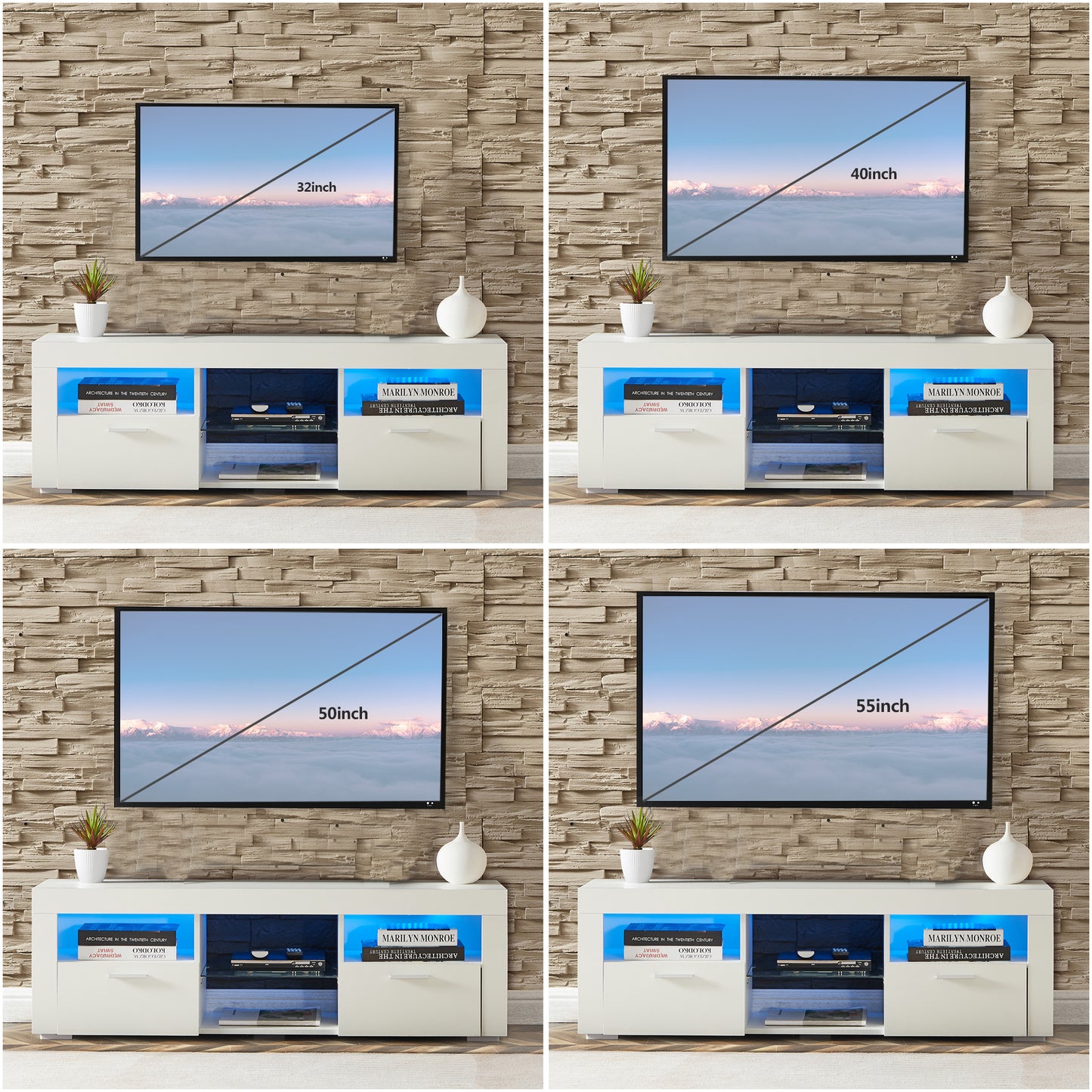 Modern white media console with integrated blue LED lighting showcasing a inch TV screen