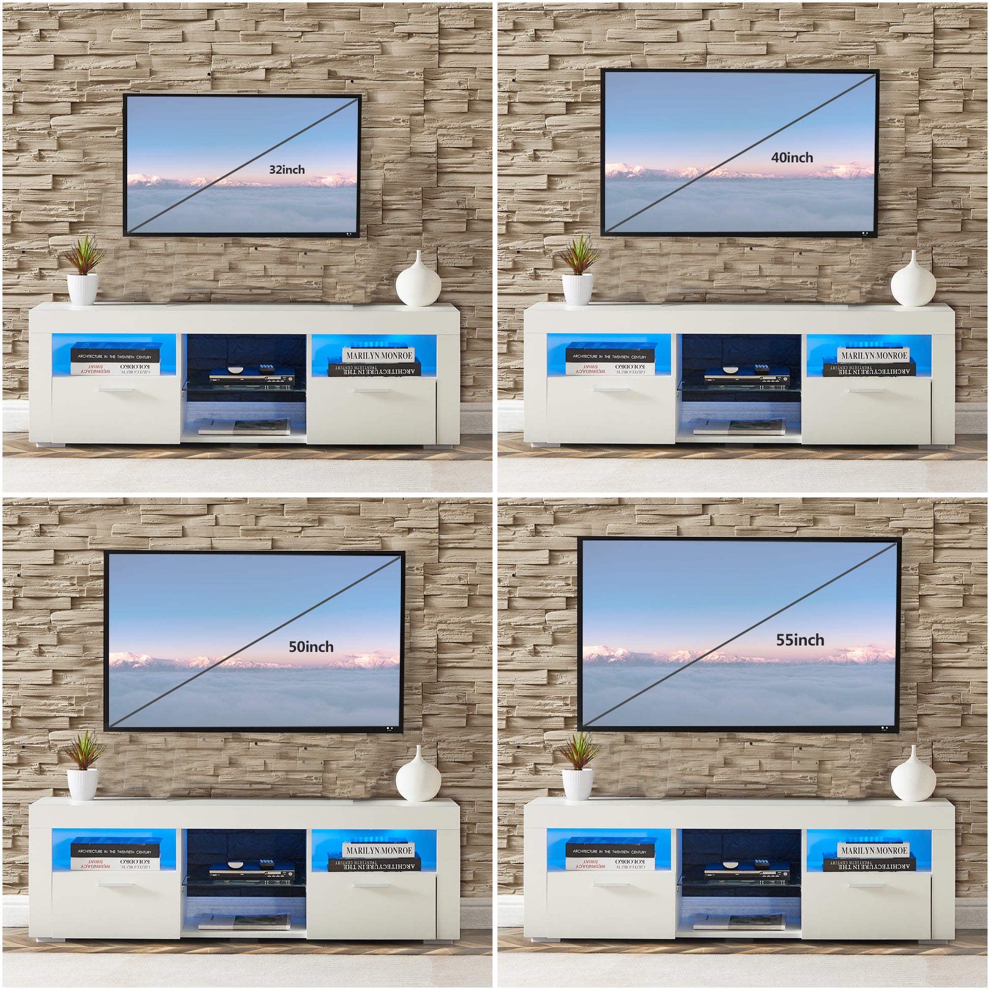 Modern white media console with integrated blue LED lighting showcasing a inch TV screen