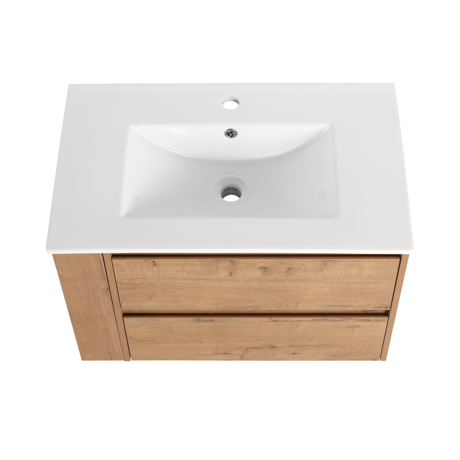 Modern white ceramic undermount sink with natural wood grain vanity